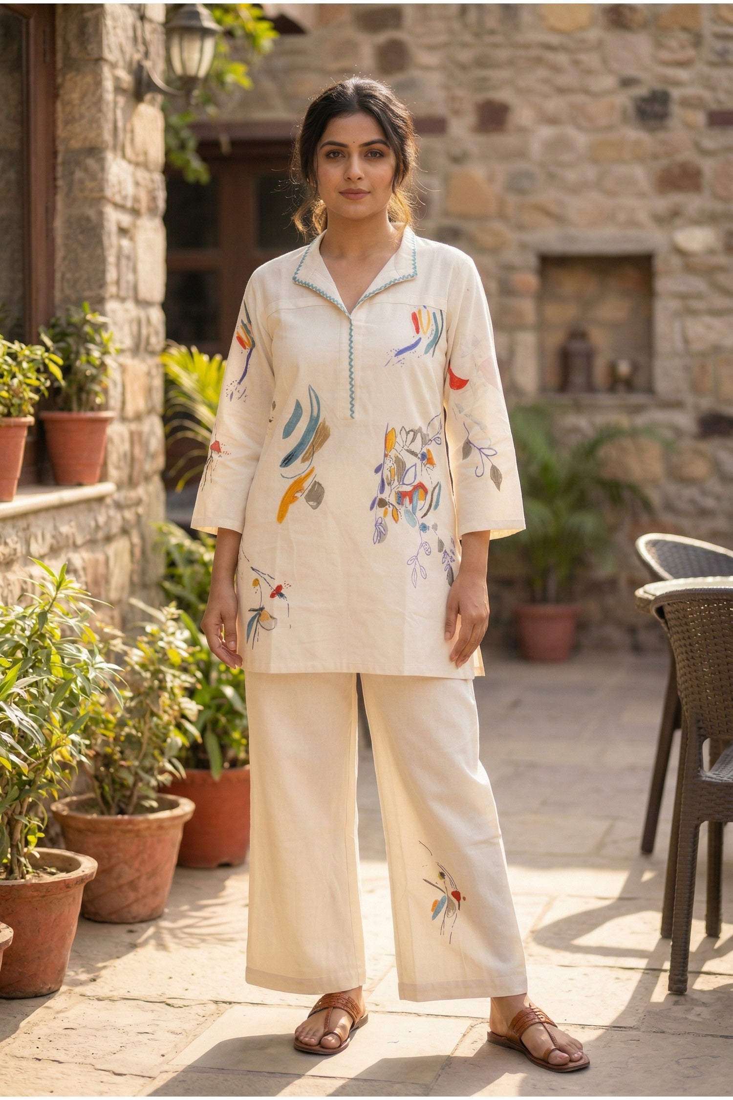 Off-White Cotton Co-ord Set with Minimal Print