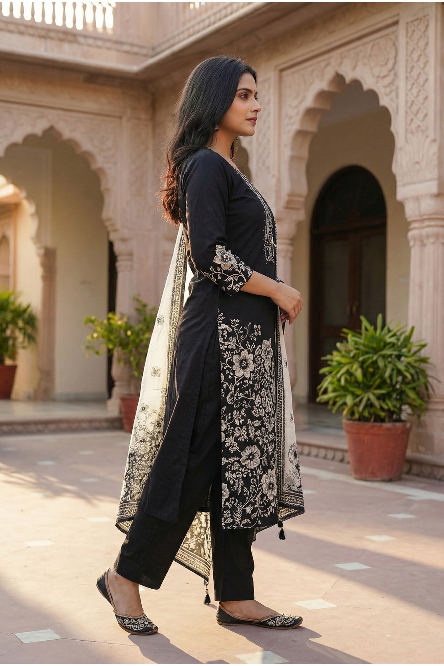 Black Cotton Three-Piece Suit Set with Elegant Ethnic Design