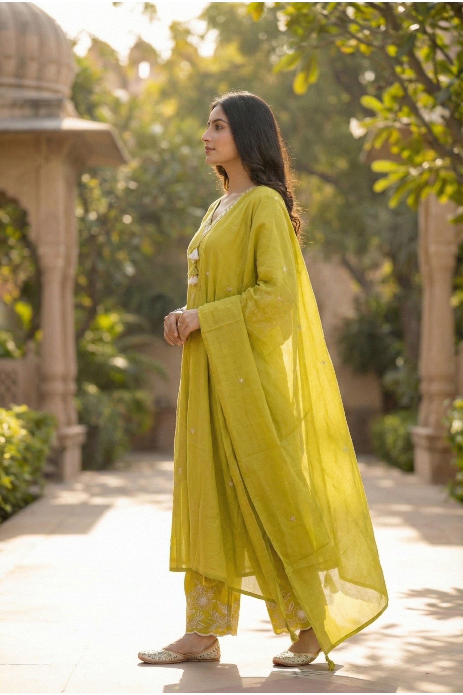 Mustard Embroidered Buti Kurta Set with Floral Placement Work & Tassel Neck Detail