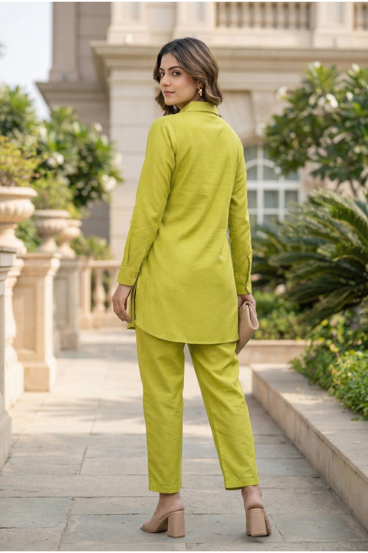 Yellow Cotton Co-ord Set with Collar Embroidery