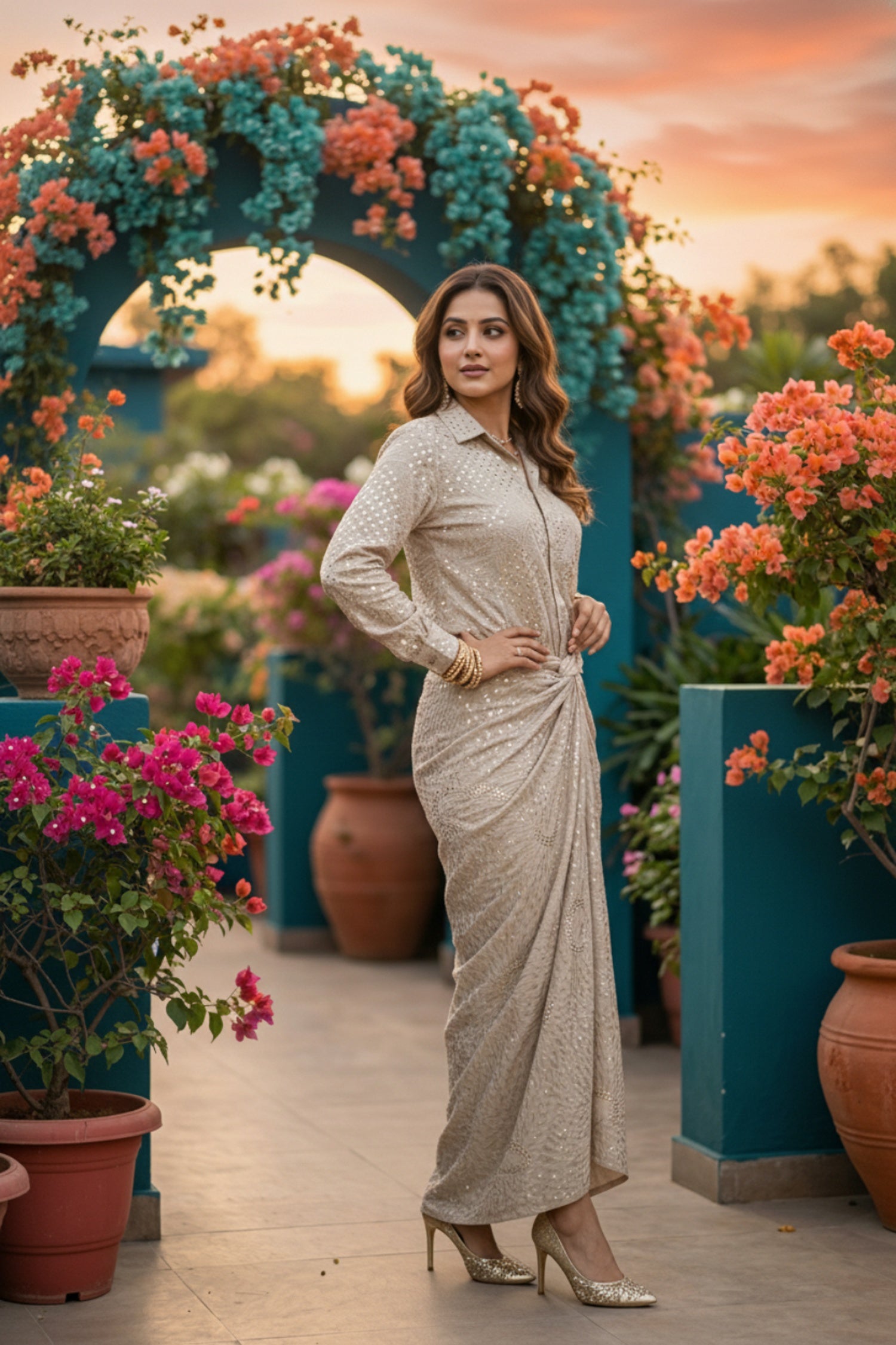 Beige Dhoti Style Skirt & Shirt Co-ord Set