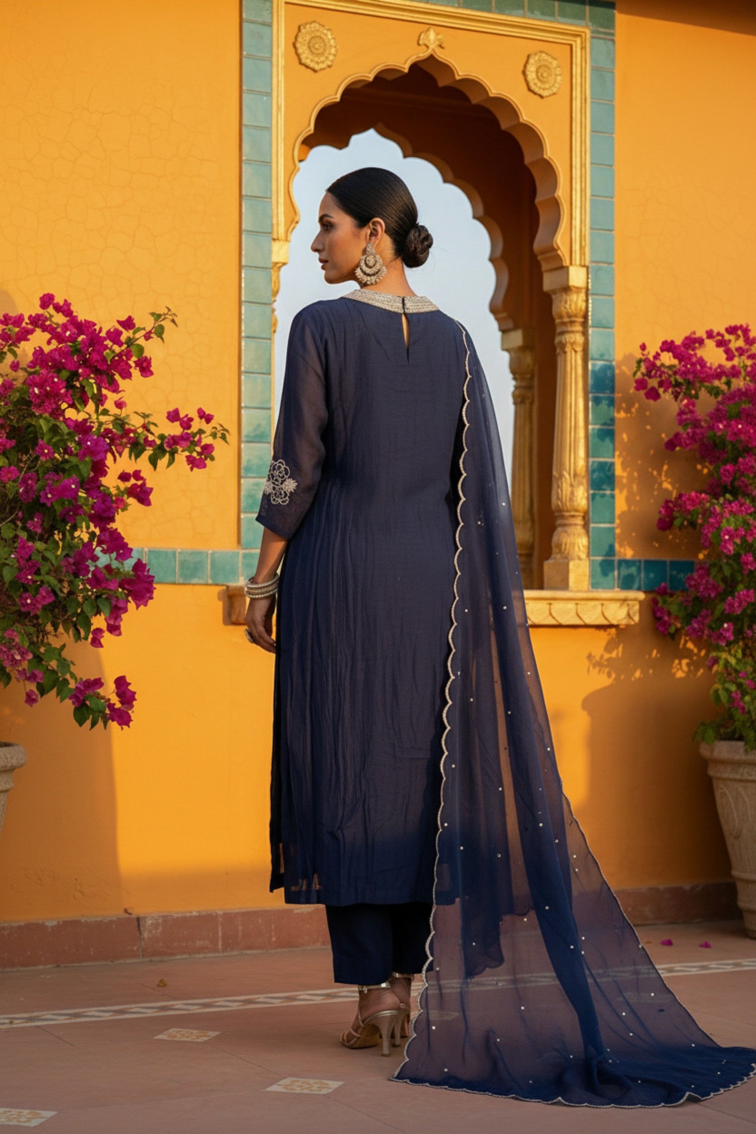 Blue Embroidered Three Piece Suit Set