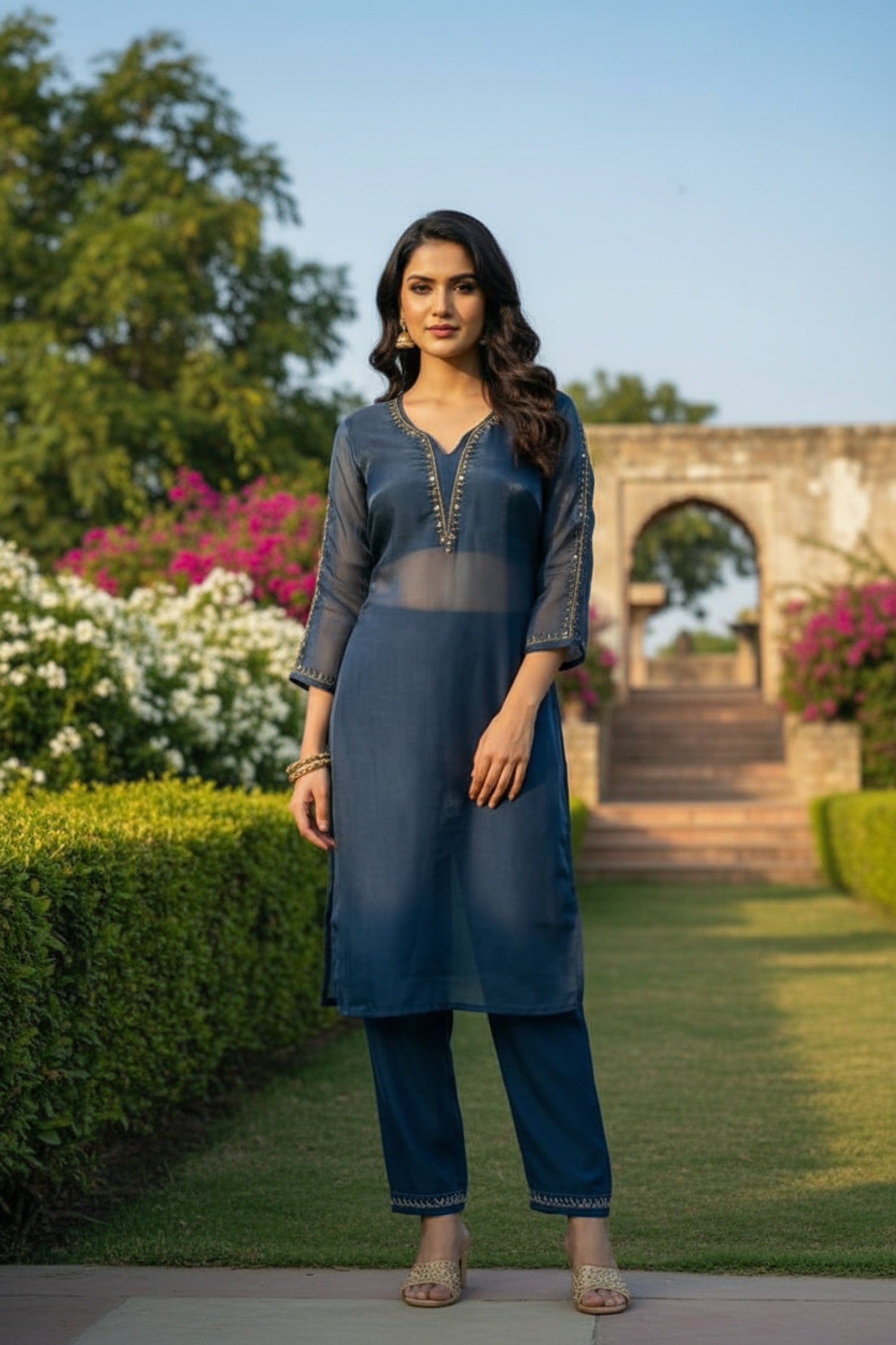 Blue Royale Organza Embroidered Layered Cord Set