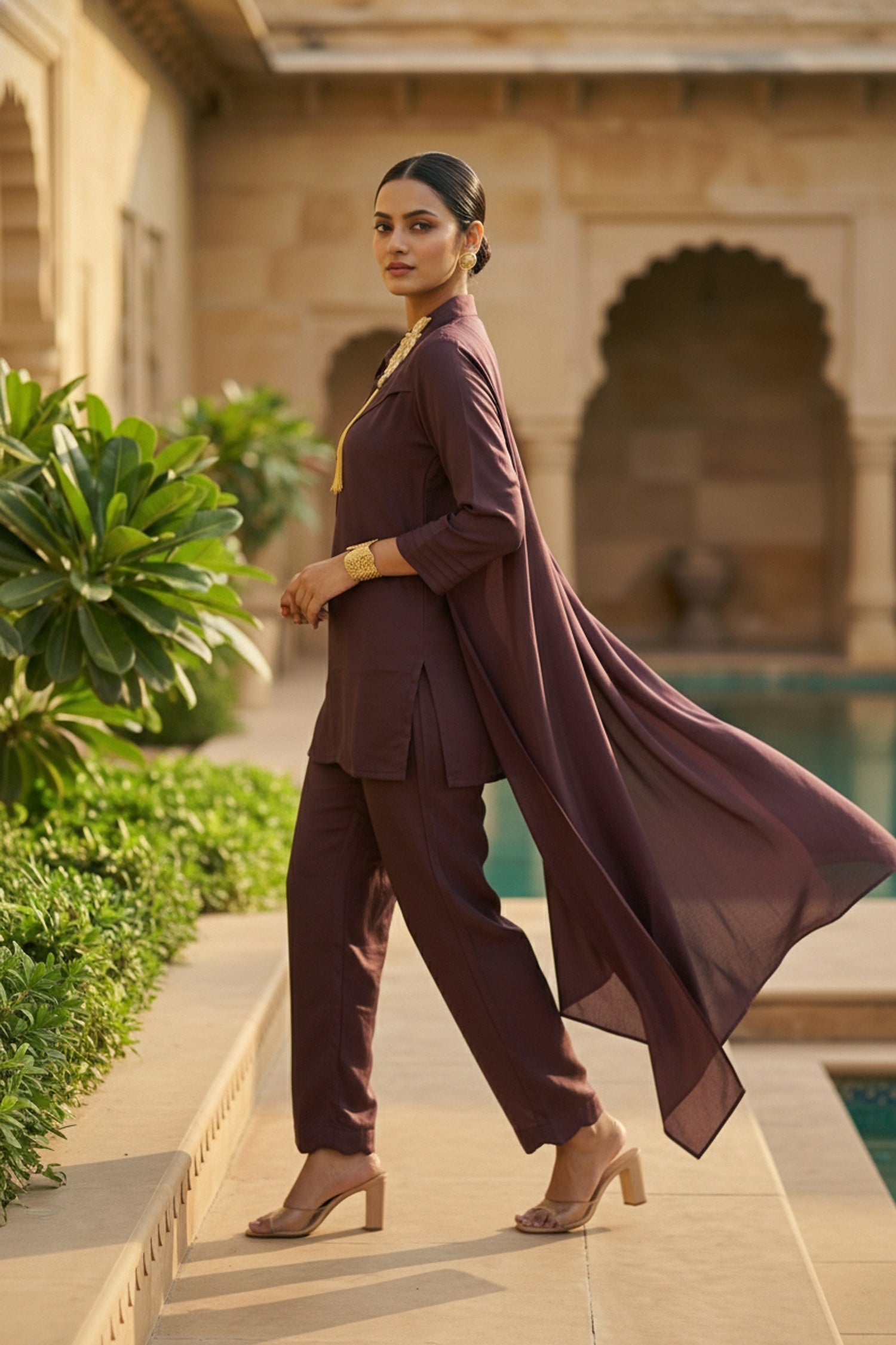 Wine Elegance Embroidered Collar Co-ord Set
