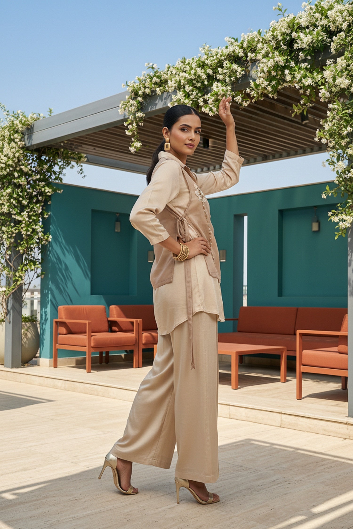 Beige Grace Tissue Jacket with Chinon Cord Set