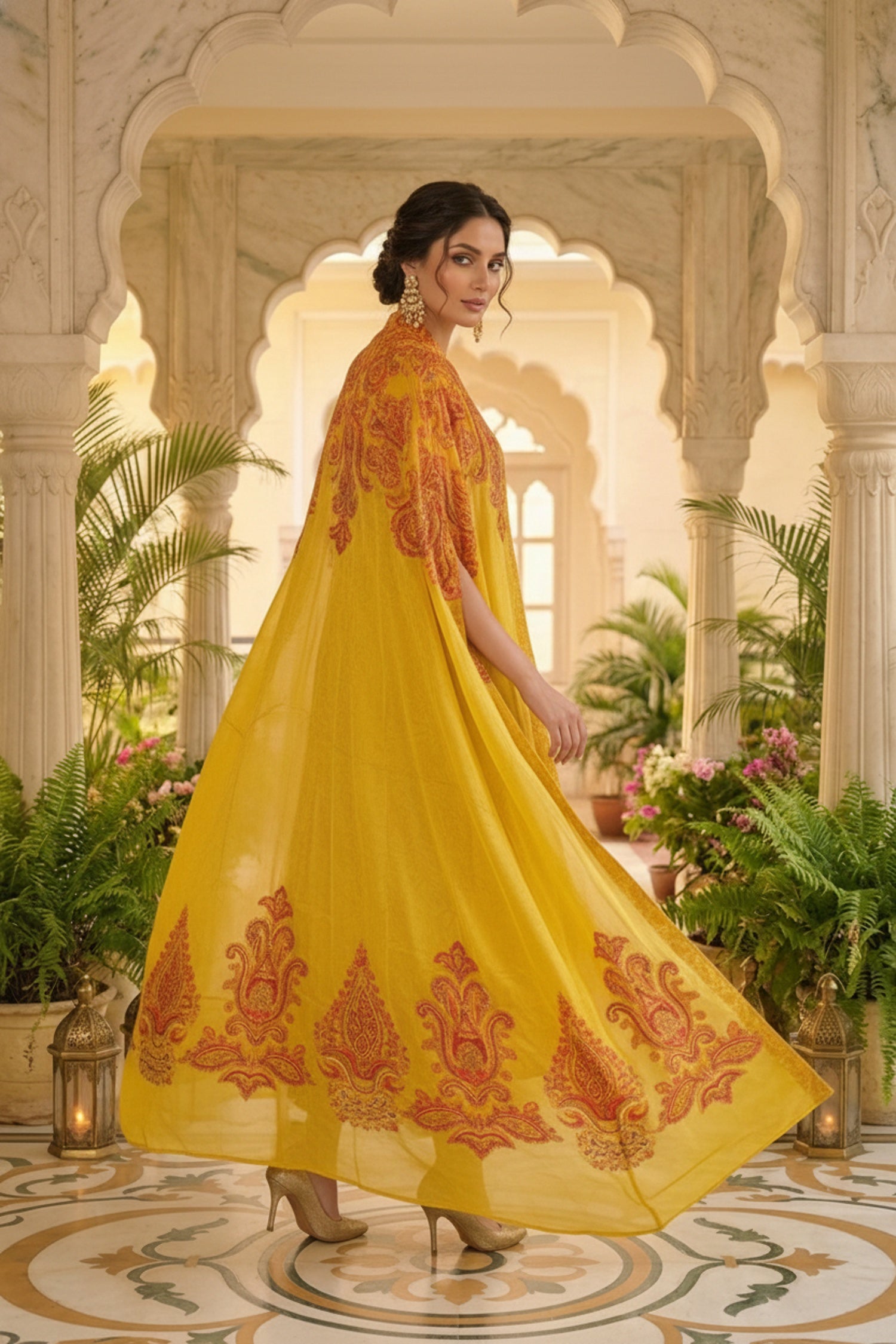 Mustard Chinon Kaftan Set with Embroidered Jacket