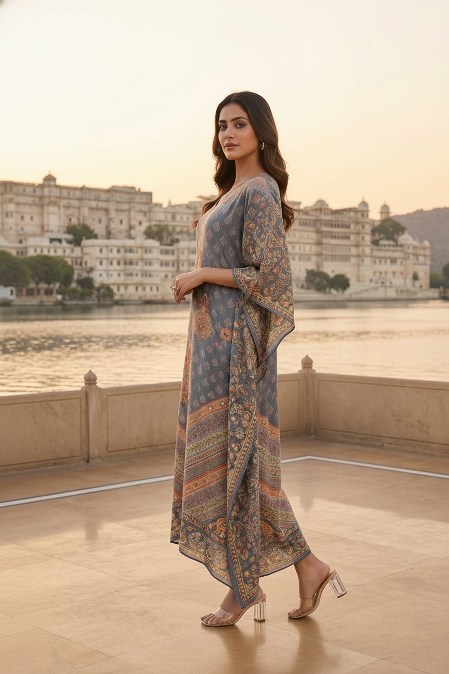 Grey Printed Long Kaftan with Embroidered Detailing in Viscose