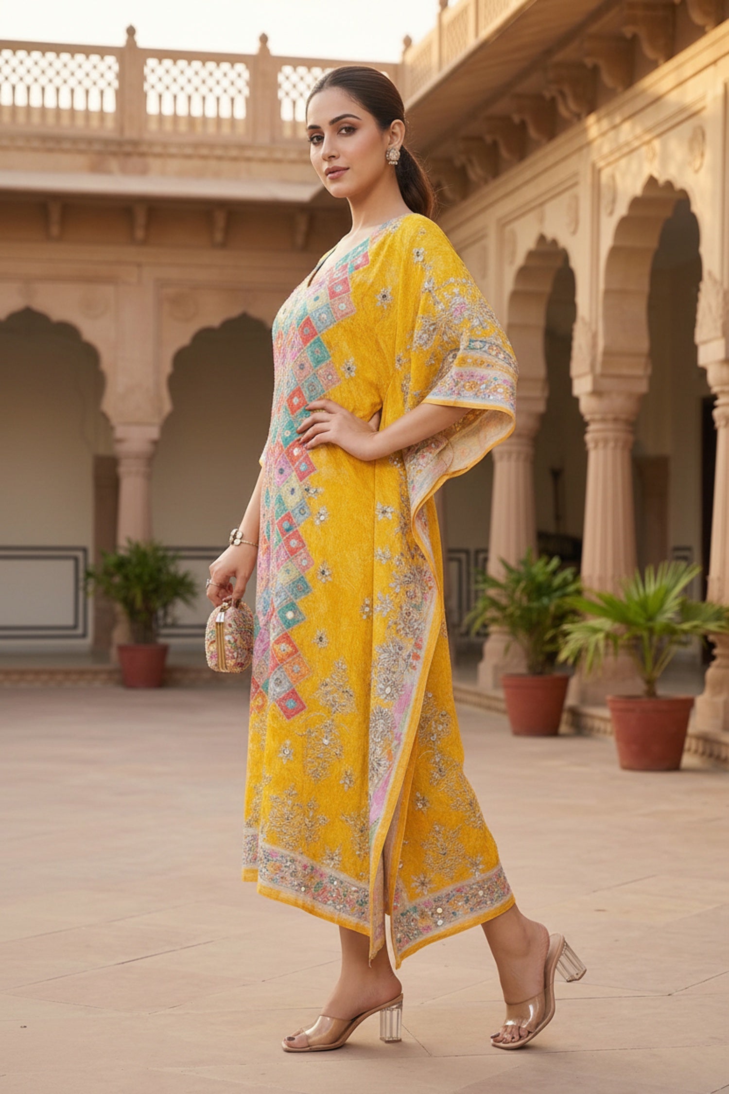 Multicolor Viscose Long Kaftan with Mirror Work Embroidery