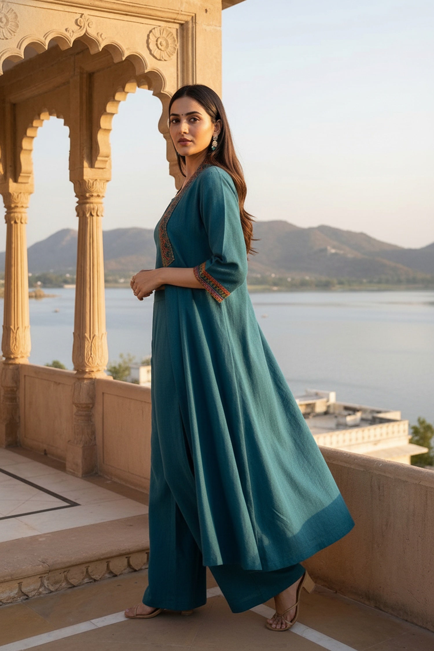Teal Blue Cotton Co-ord Set with Long Jacket