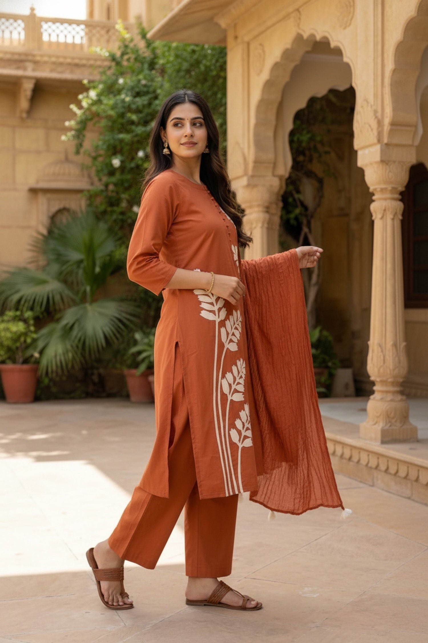 Orange Cotton Three-Piece Set with Minimal Work in Straight Cut