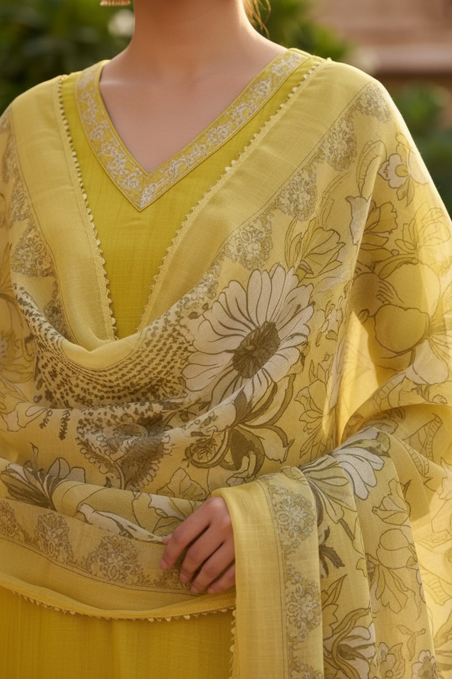 Yellow Cotton Three-Piece Set with Tissue Silk Dupatta