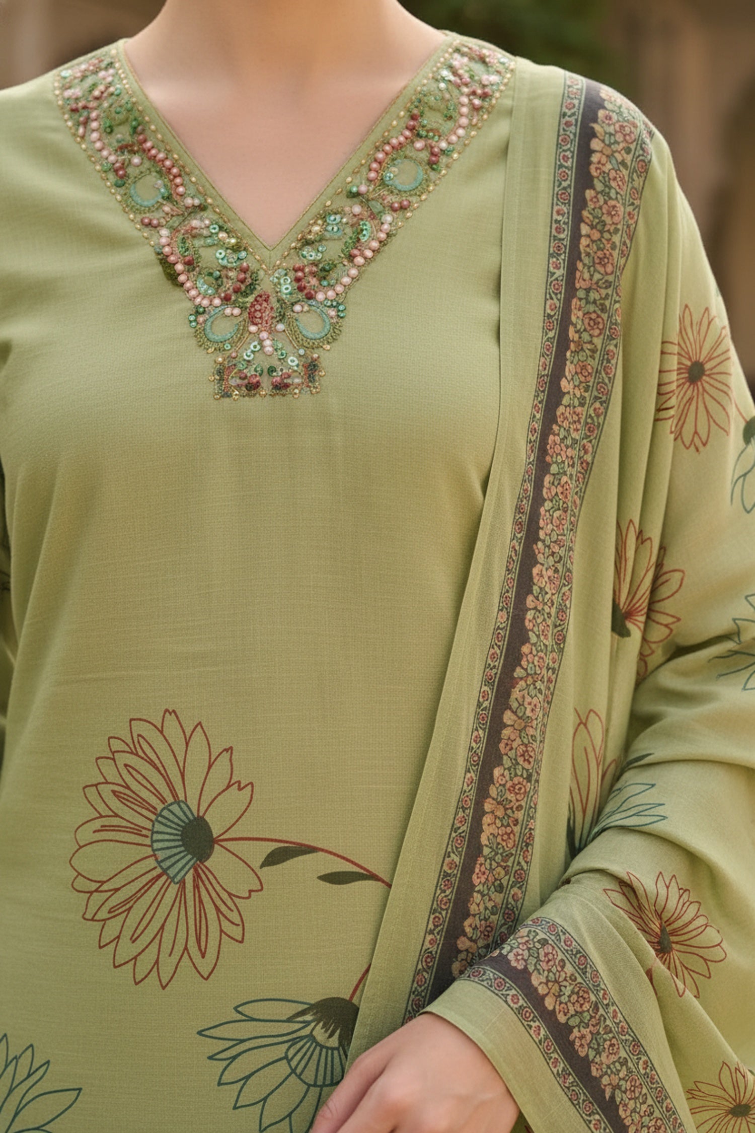 Mint Cotton Floral Three-Piece Set for a Fresh Summer Look