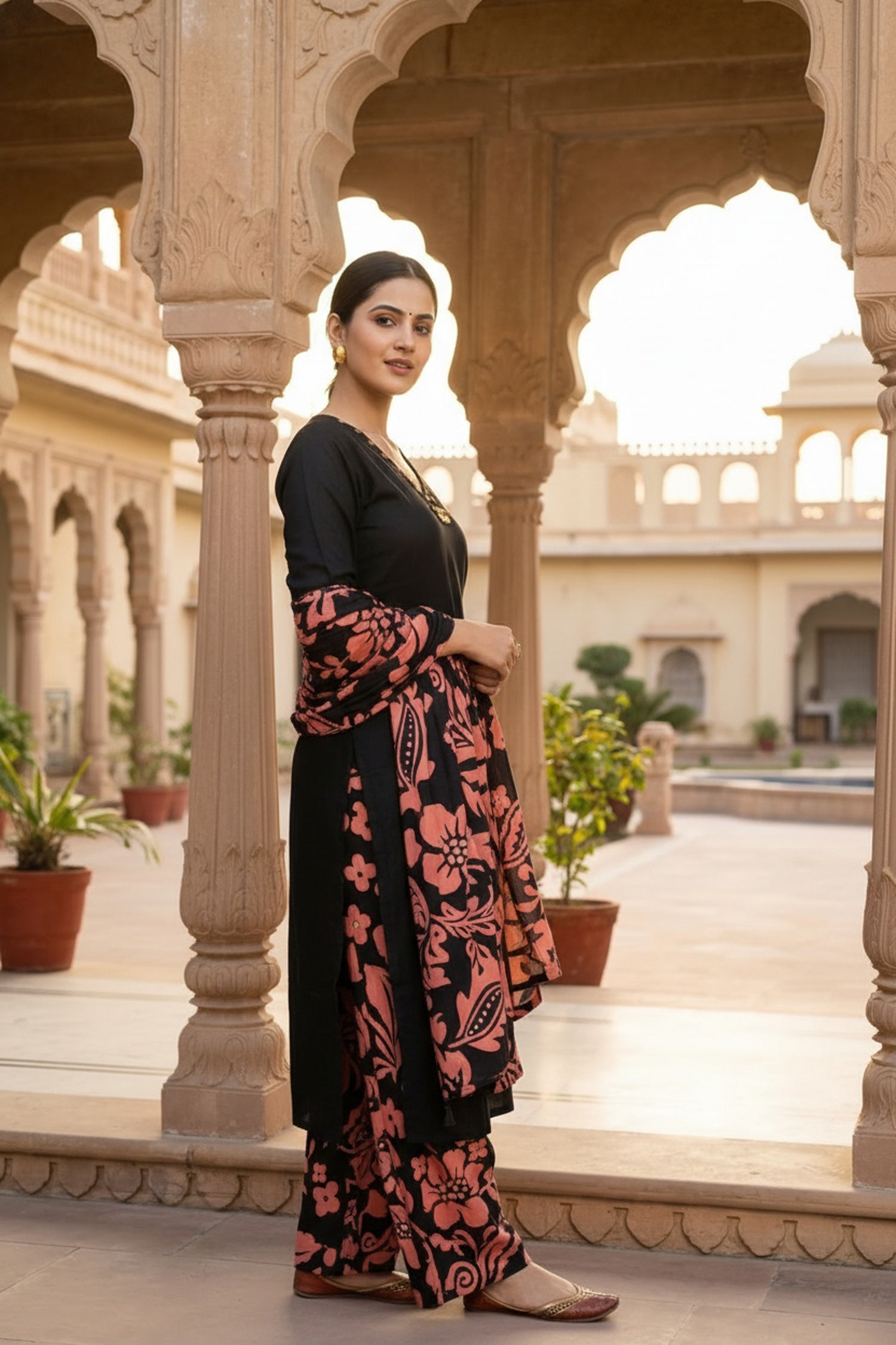 Black Straight Cut Three-Piece Set with Printed Bottom & Dupatta