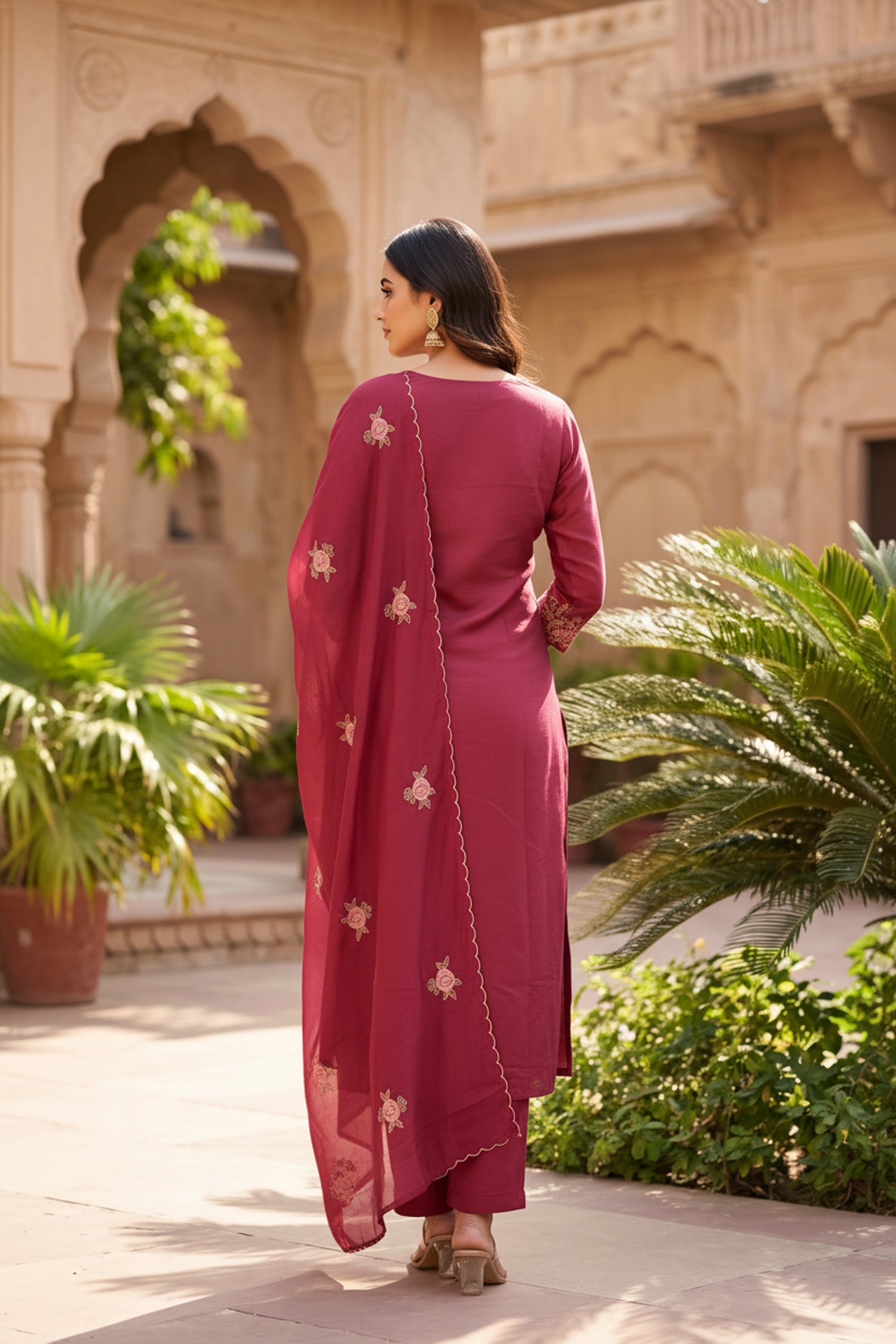 Wine Floral Embroidered Cotton Three-Piece Suit Set with Dupatta