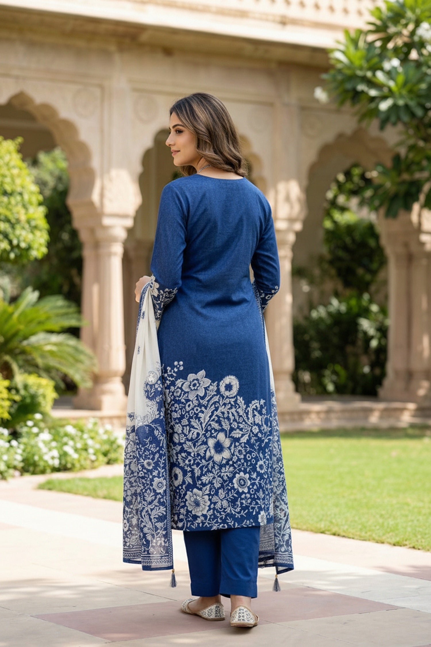 Blue Cotton Three-Piece Set with Digital Print