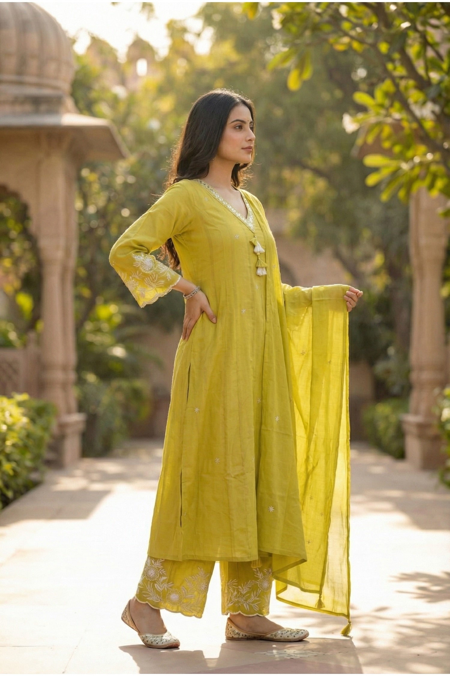 Mustard Embroidered Buti Kurta Set with Floral Placement Work & Tassel Neck Detail