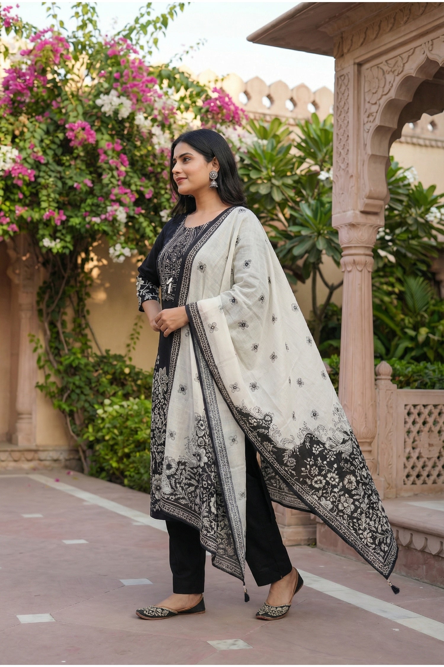 Black Cotton Three-Piece Suit Set with Elegant Ethnic Design