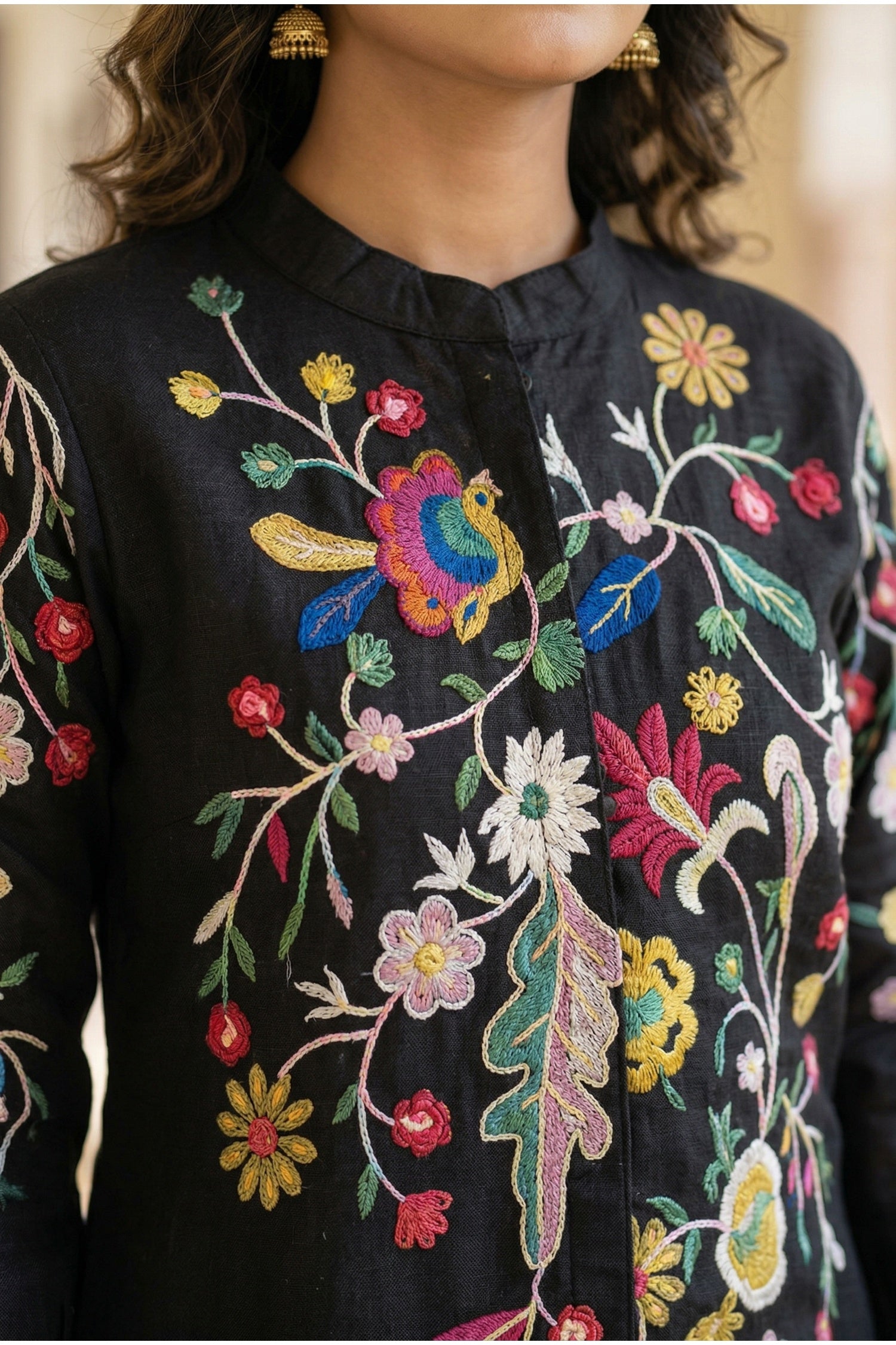 Black Co-ord Set with Multicolor Thread Embroidered Top