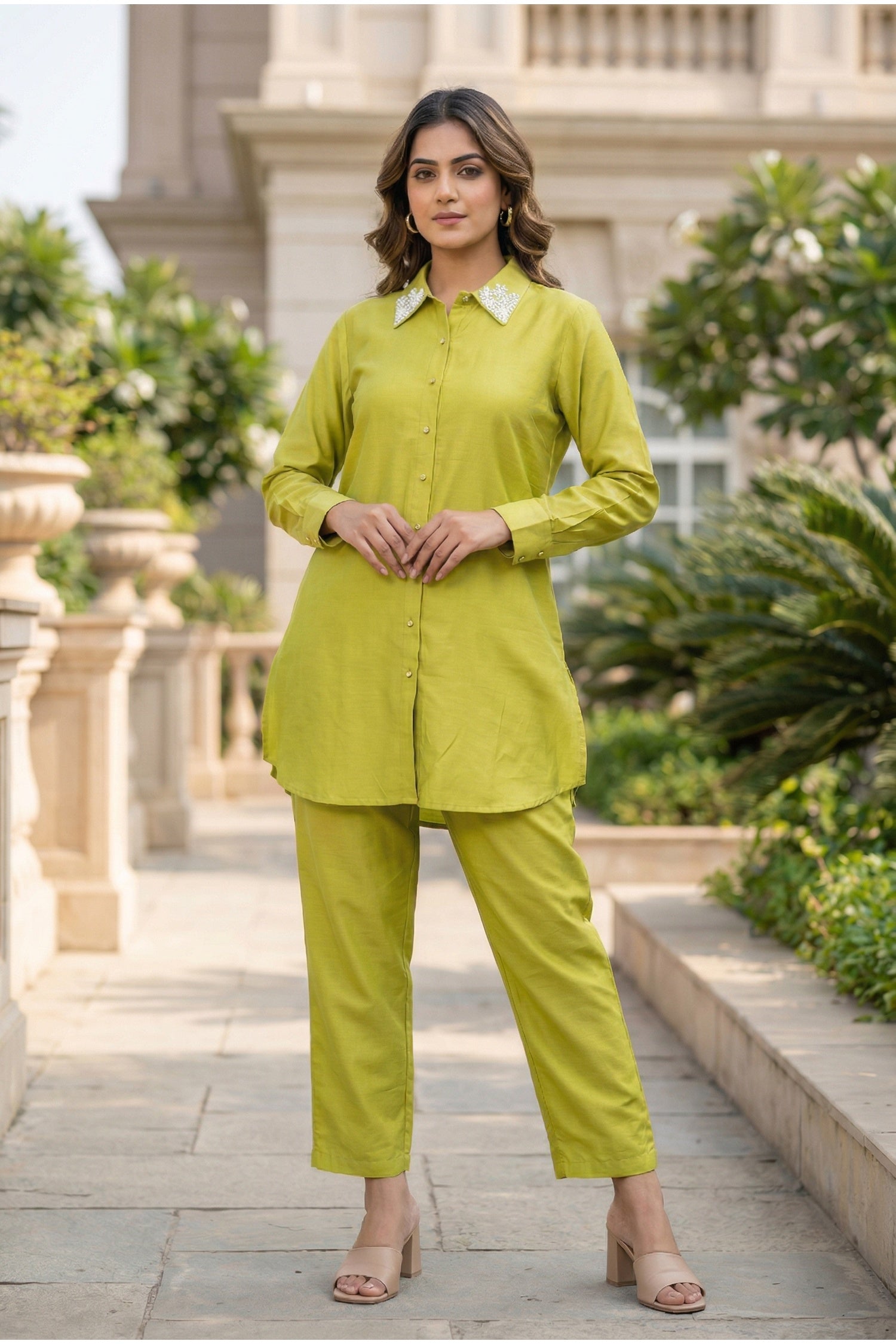 Yellow Cotton Co-ord Set with Collar Embroidery