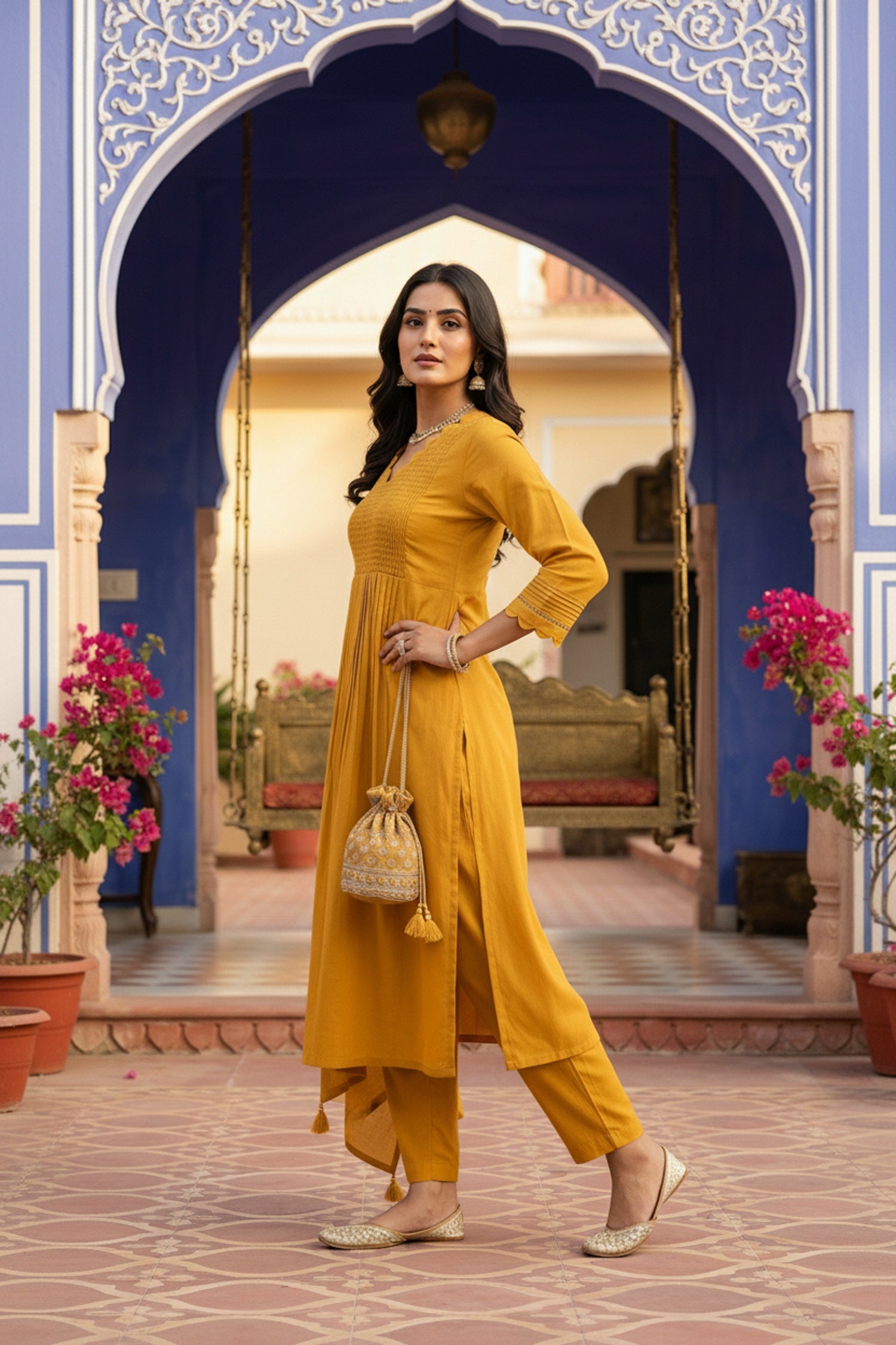 Mustard Straight-Cut Cotton Three Piece Suit Set