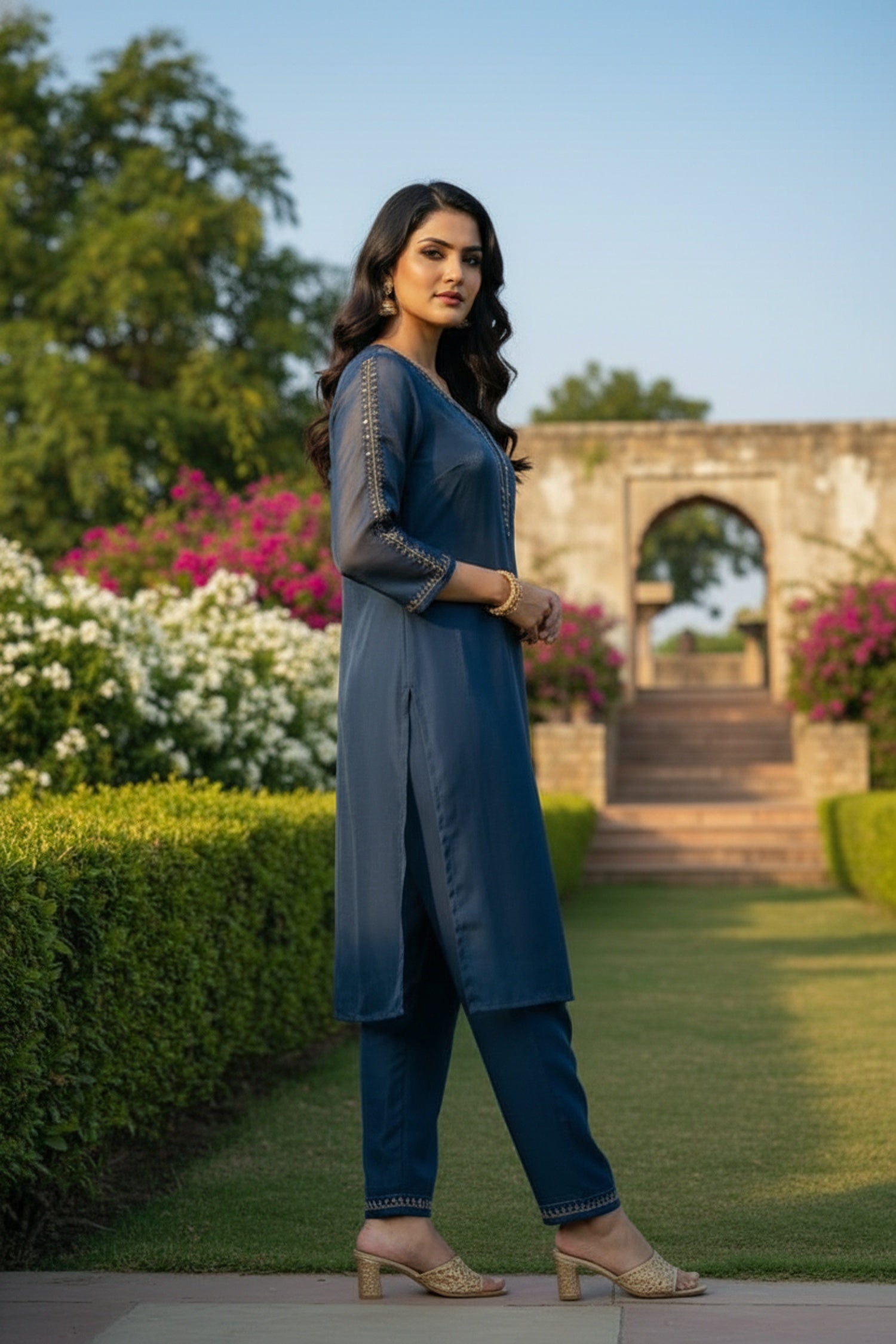 Blue Royale Organza Embroidered Layered Cord Set