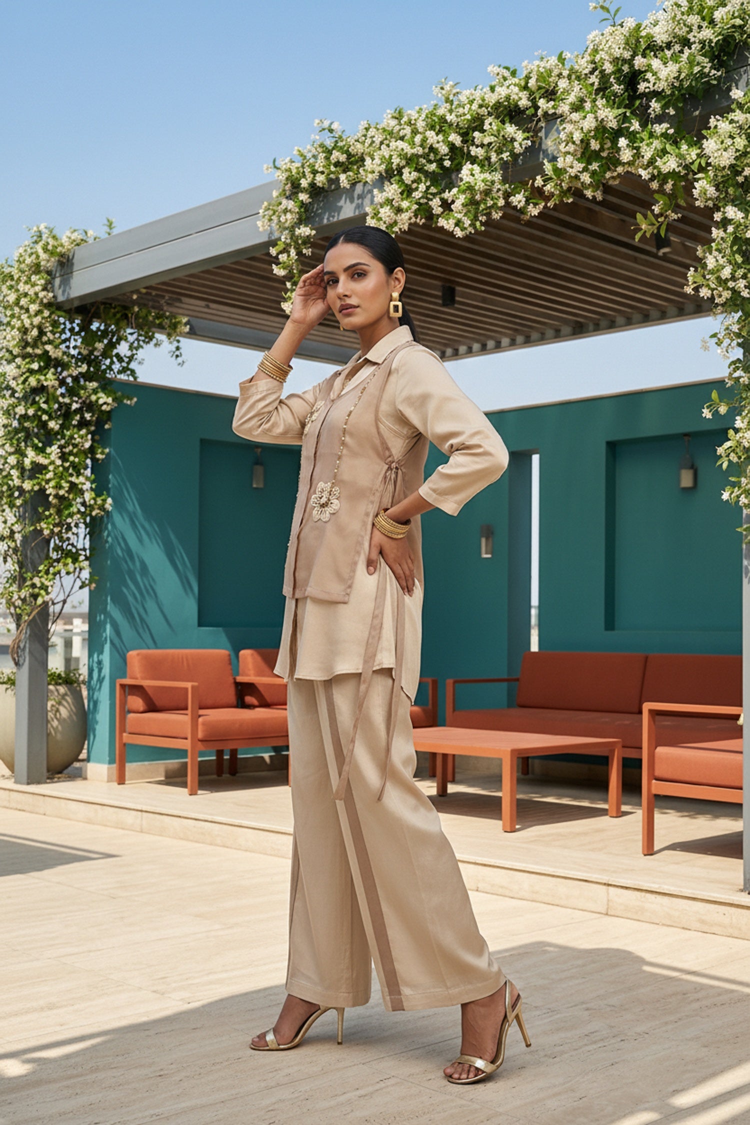 Beige Grace Tissue Jacket with Chinon Cord Set