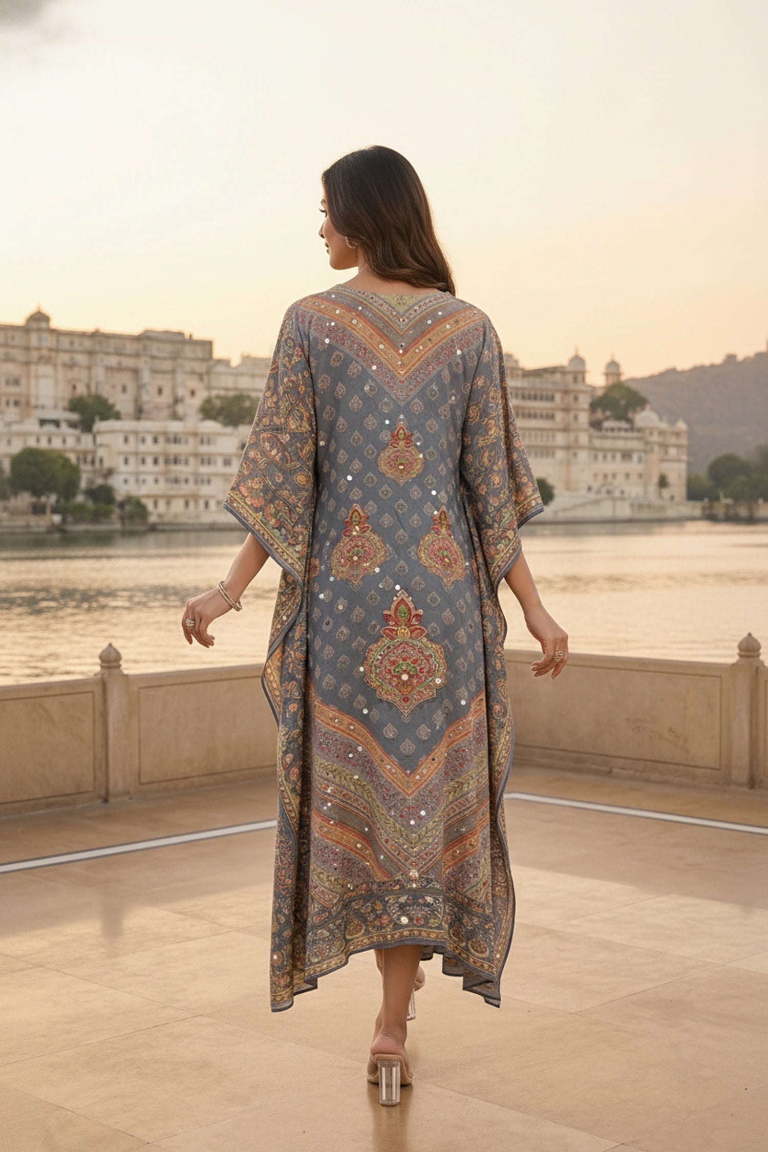 Grey Printed Long Kaftan with Embroidered Detailing in Viscose