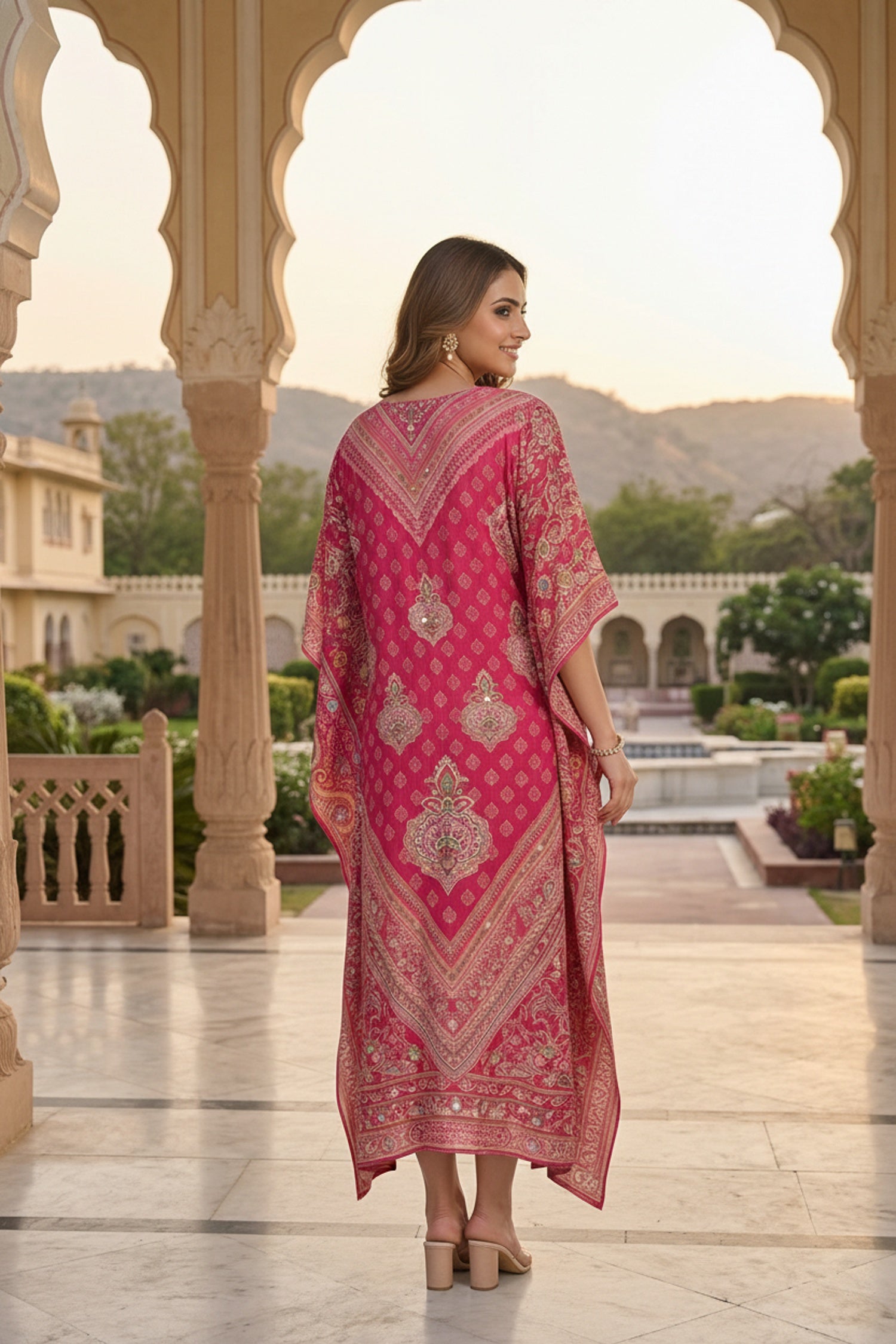 Pink Printed Viscose Long Kaftan