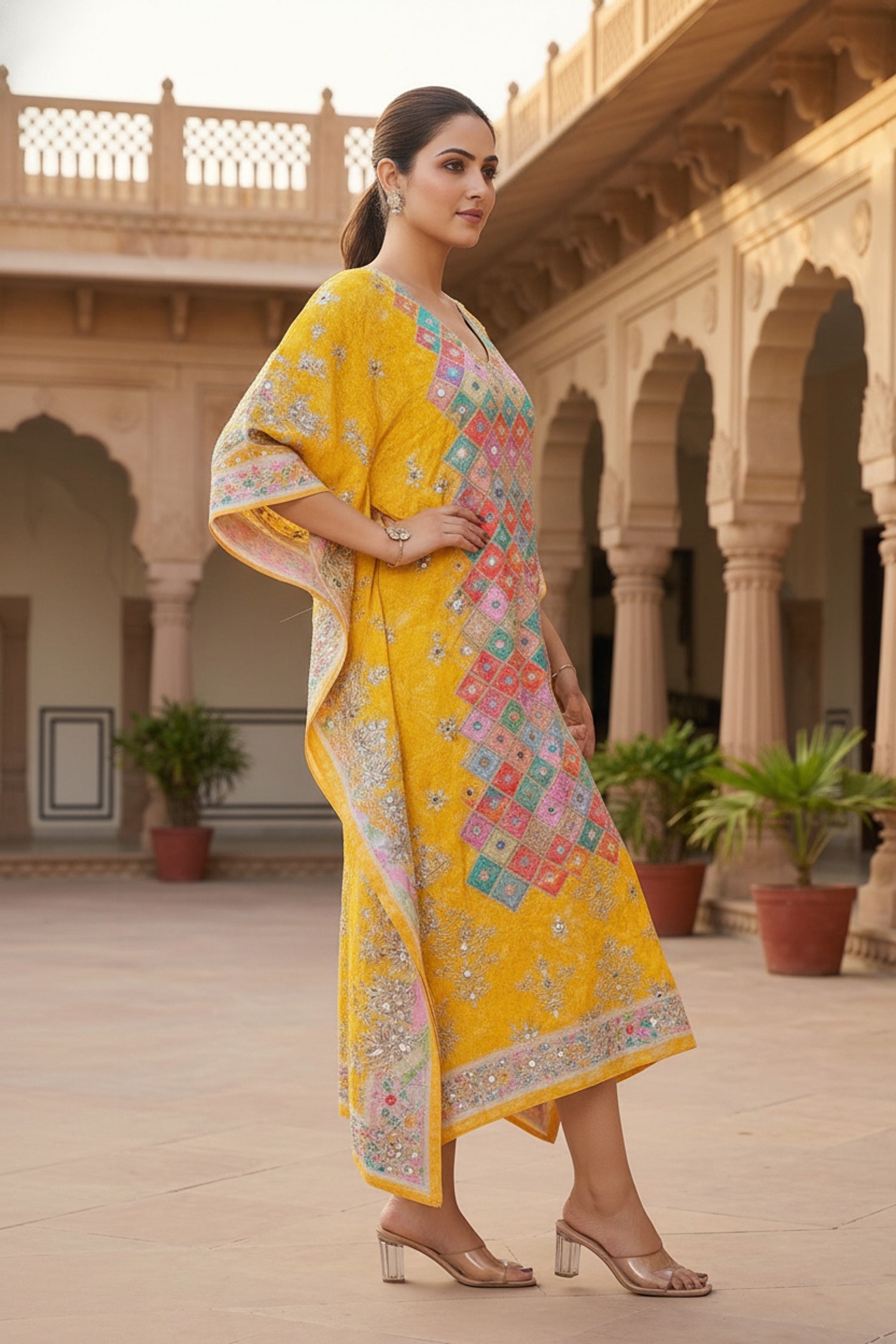 Multicolor Viscose Long Kaftan with Mirror Work Embroidery