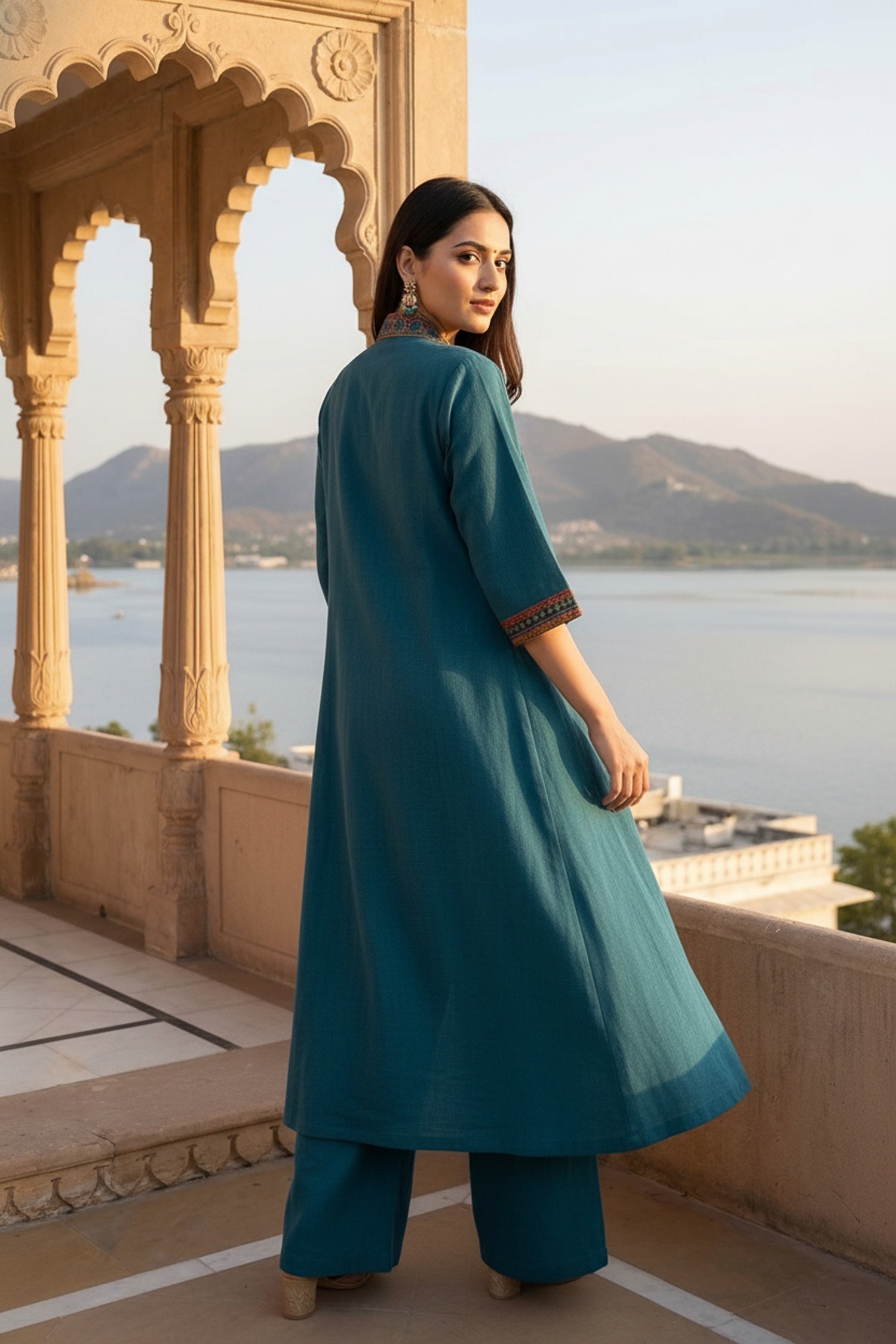 Teal Blue Cotton Co-ord Set with Long Jacket