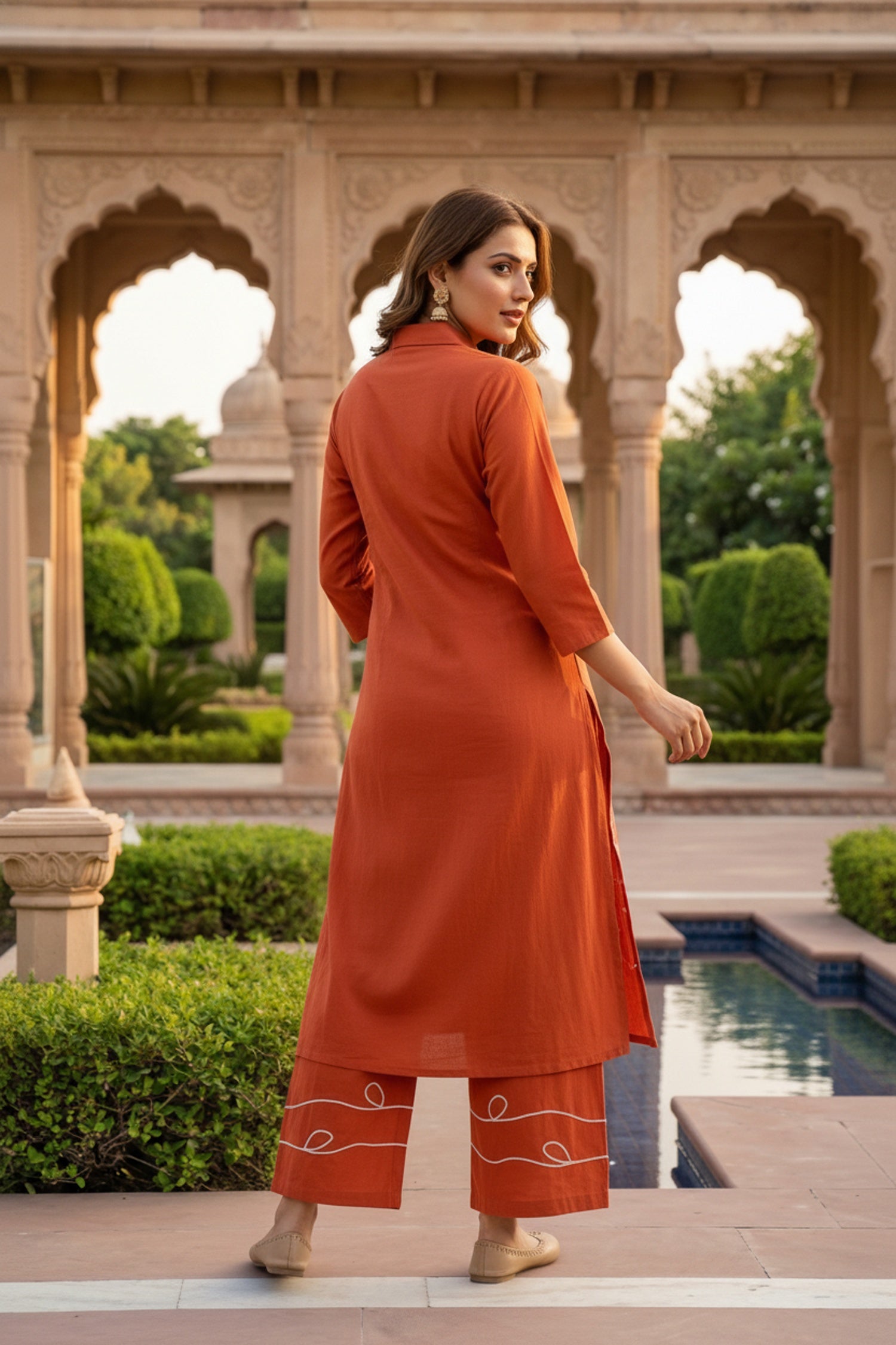 Rust Cotton Co-ord Set with Minimal Floral Thread Work