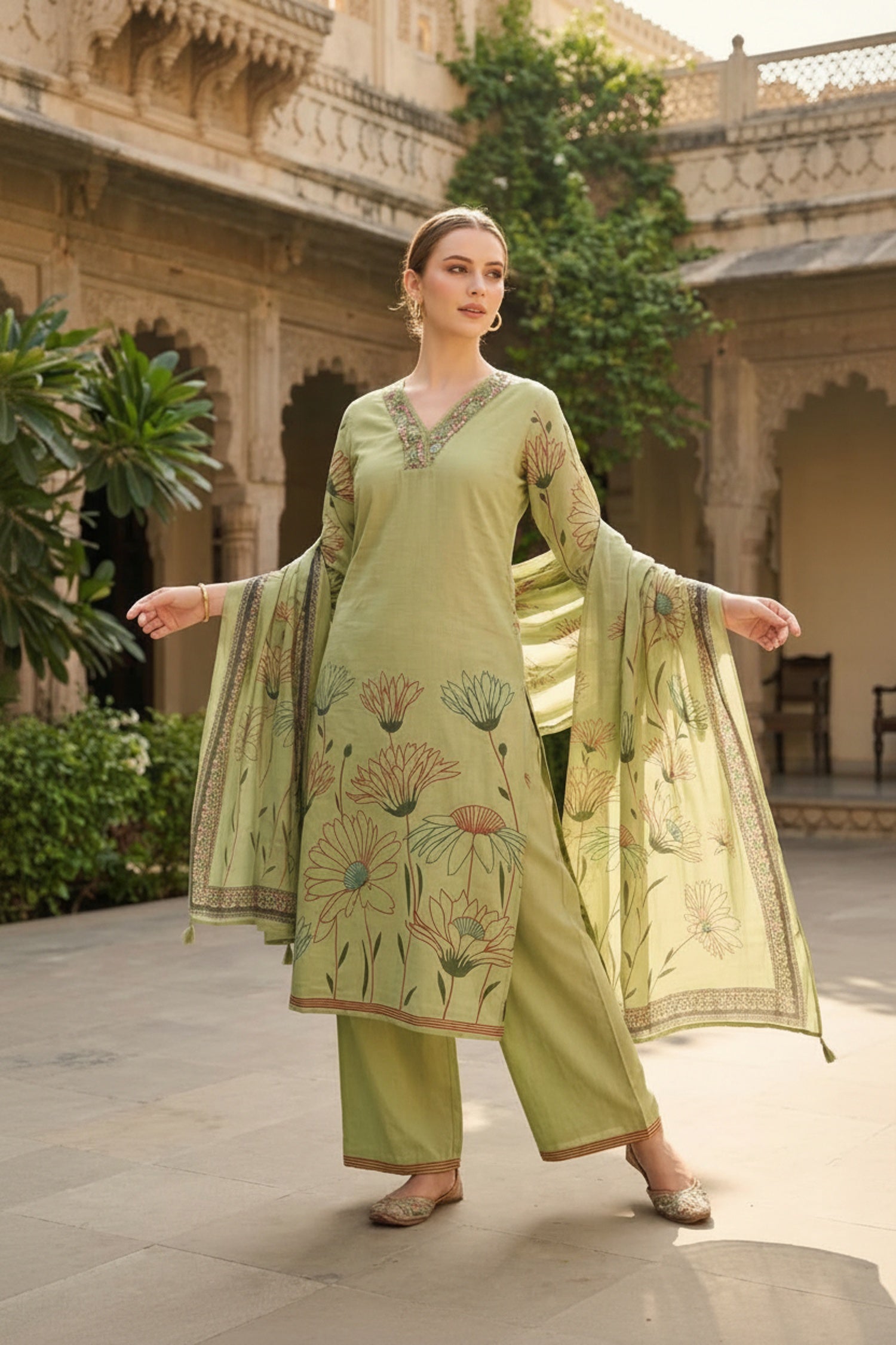 Mint Cotton Floral Three-Piece Set for a Fresh Summer Look