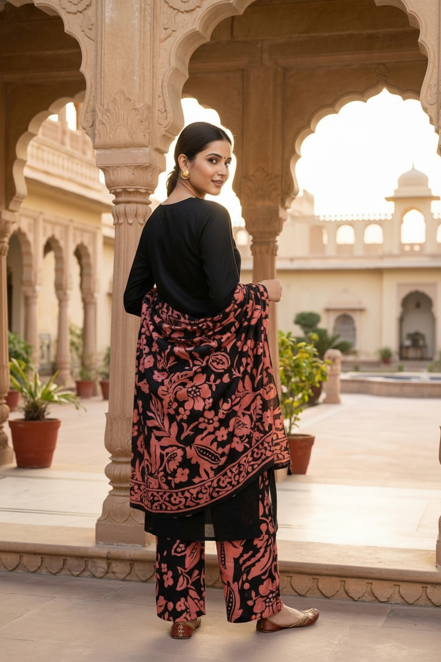 Black Straight Cut Three-Piece Set with Printed Bottom & Dupatta