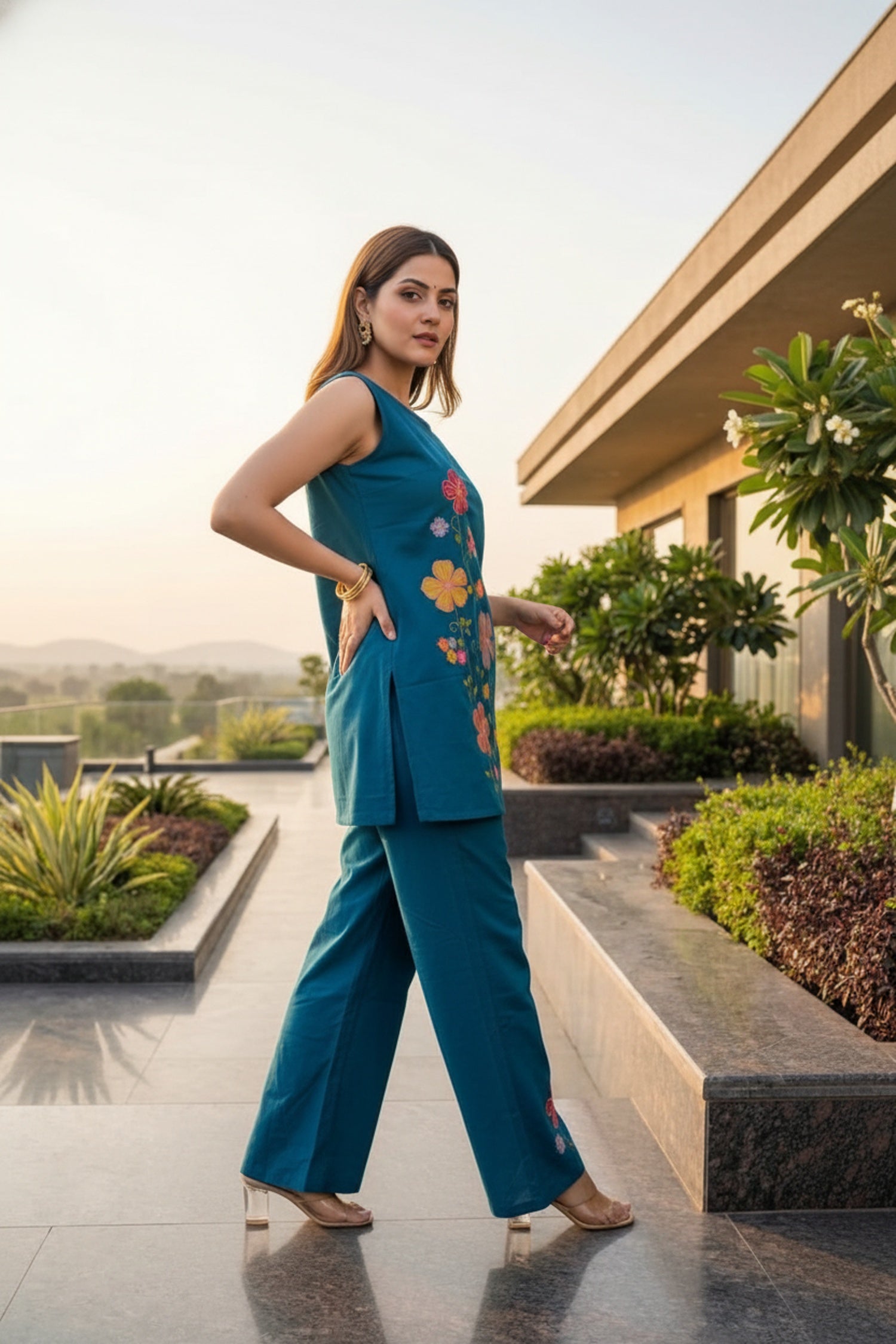 Blue Sleeveless Cotton Co-ord Set with Floral Embroidery
