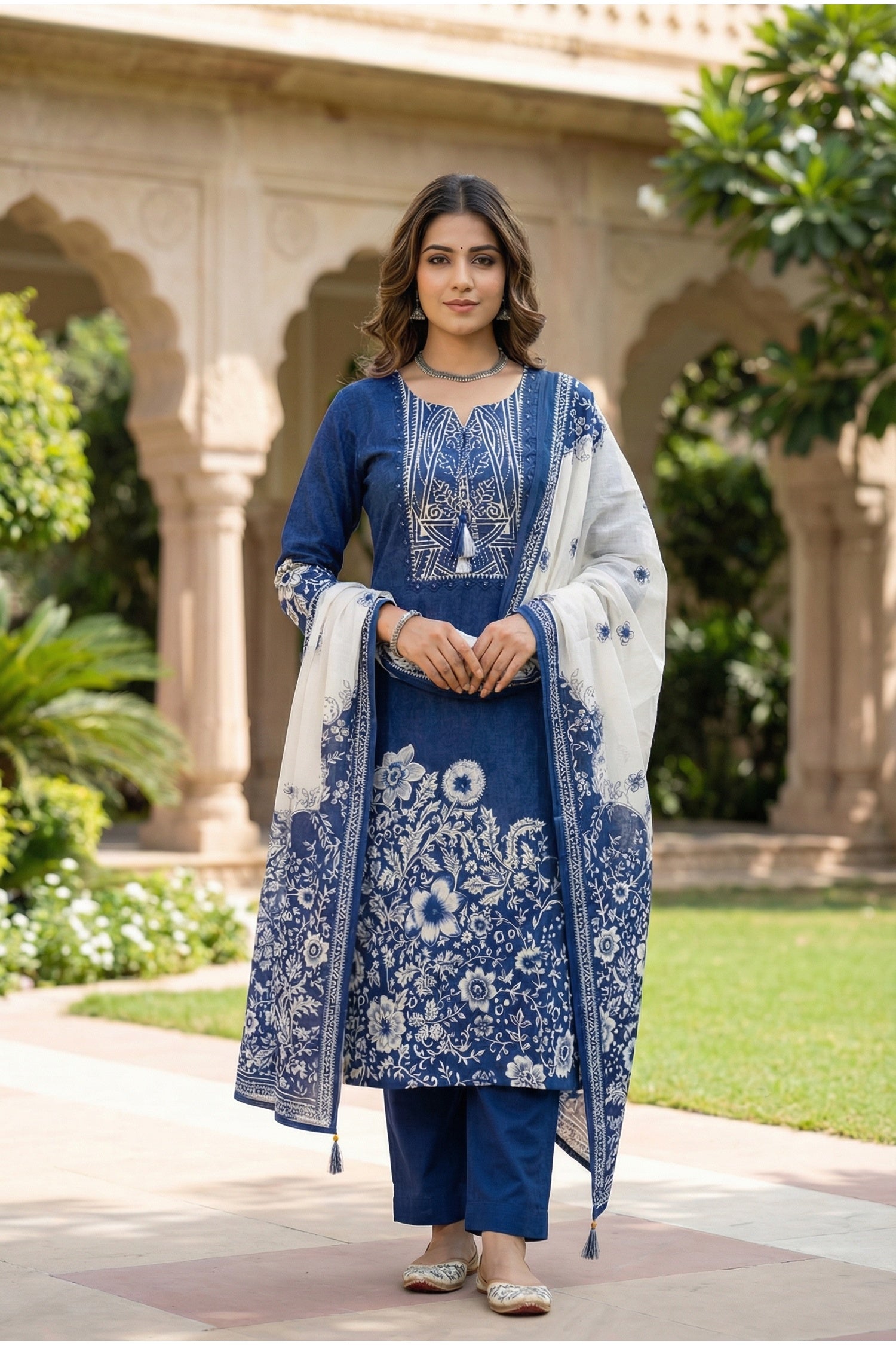 Blue Cotton Three-Piece Set with Digital Print