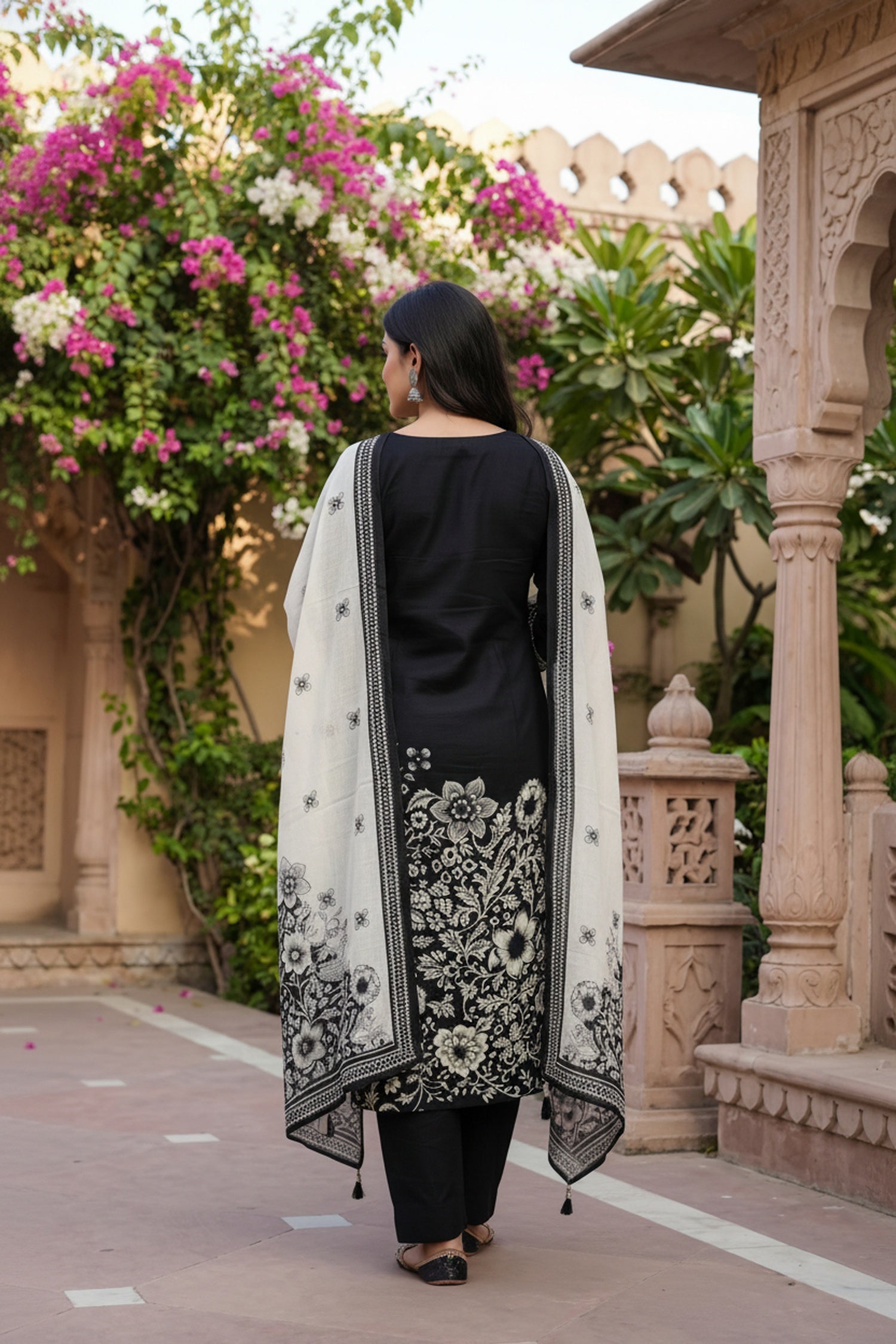 Black Cotton Three-Piece Suit Set with Elegant Ethnic Design