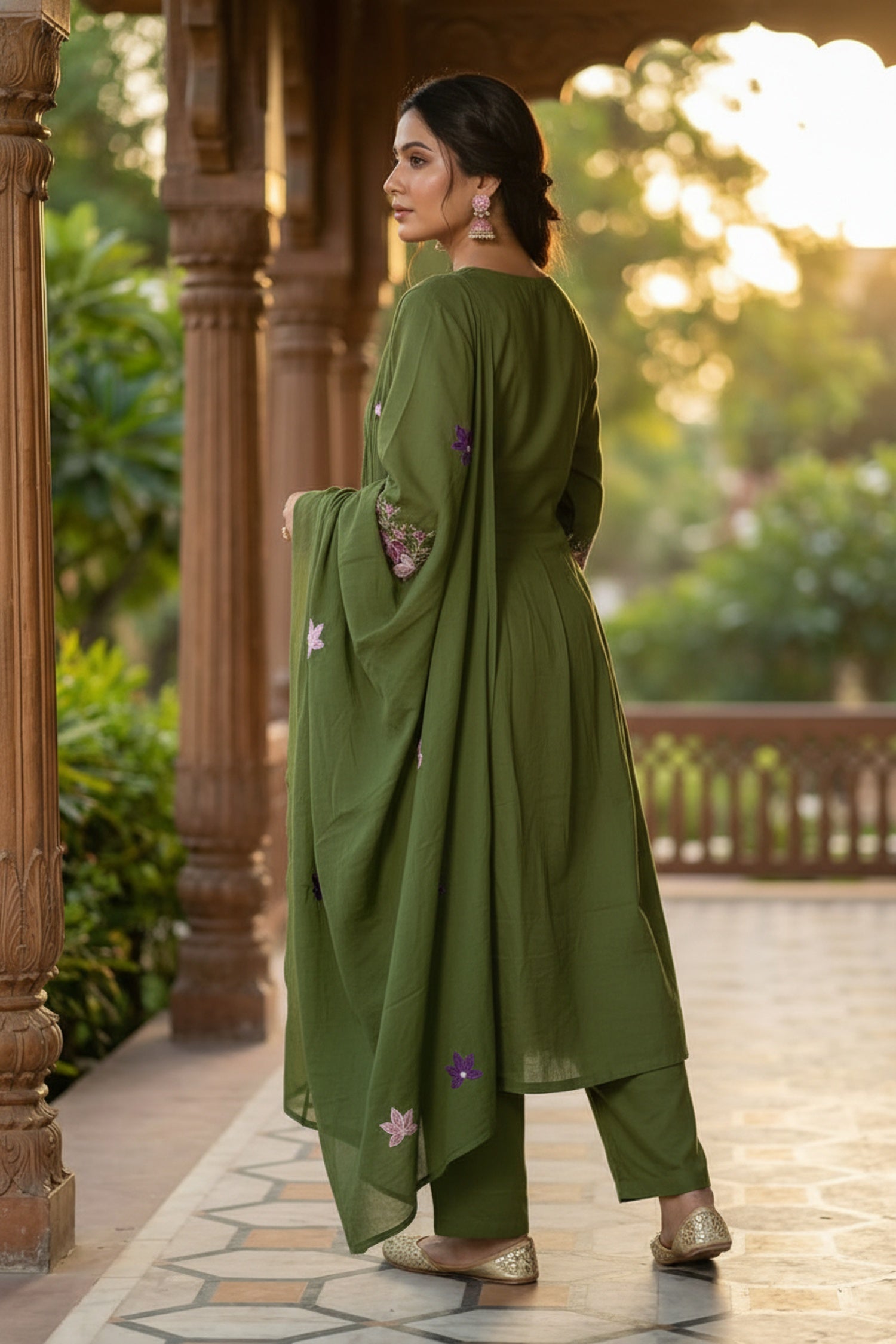 Dark Green Elegance Floral Detail Three Piece Suit