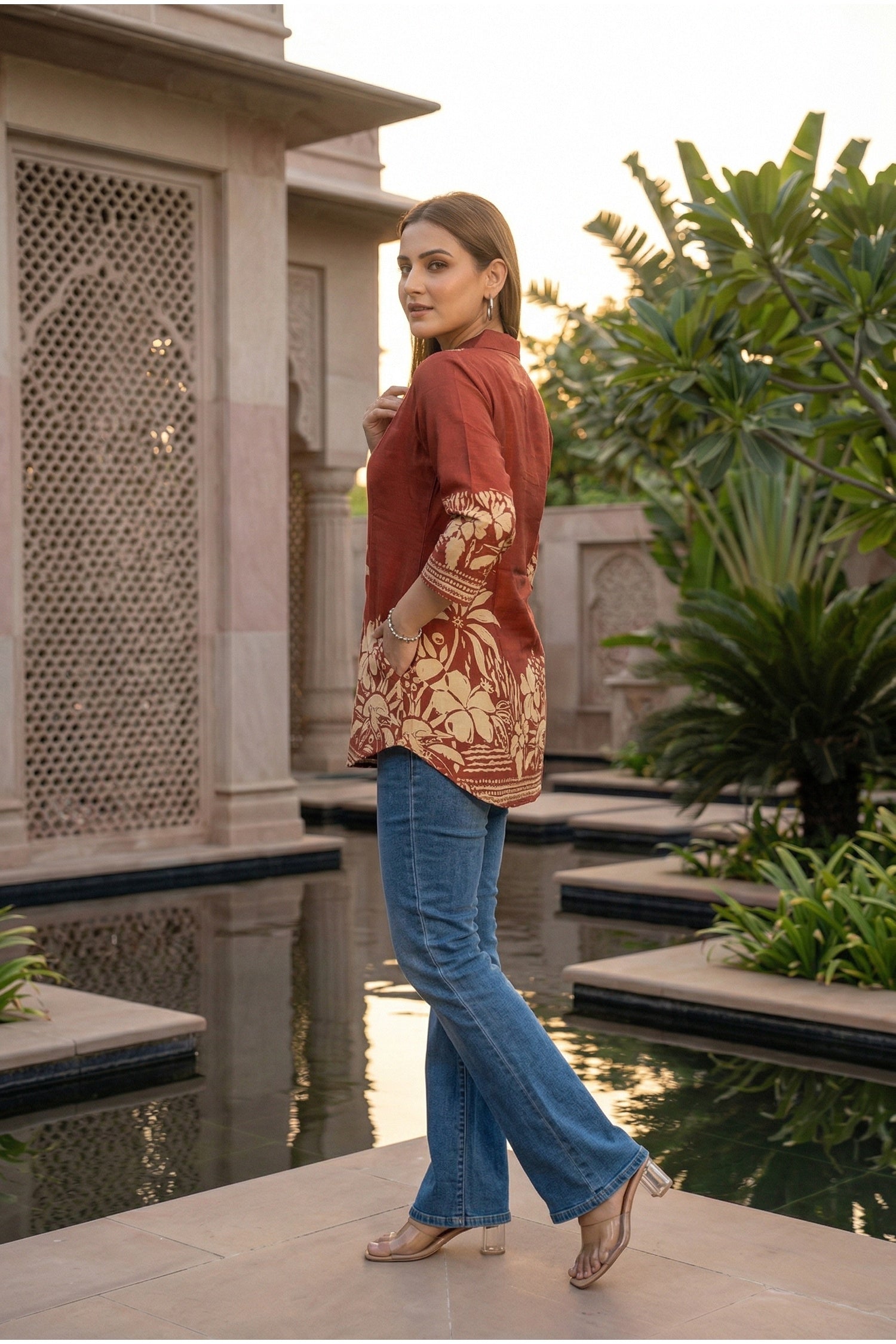 Rust Top with Contemporary Digital Print