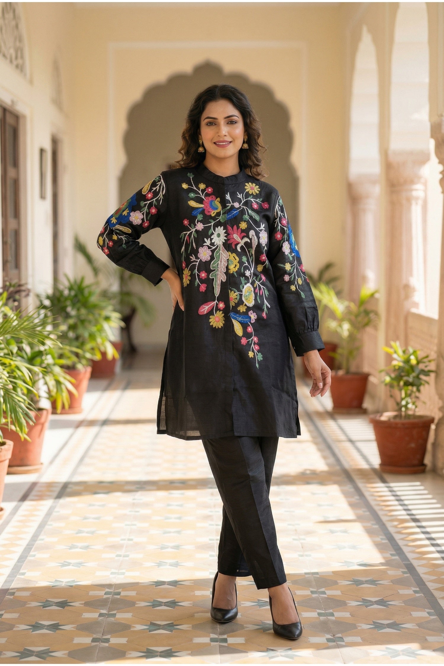 Black Co-ord Set with Multicolor Thread Embroidered Top