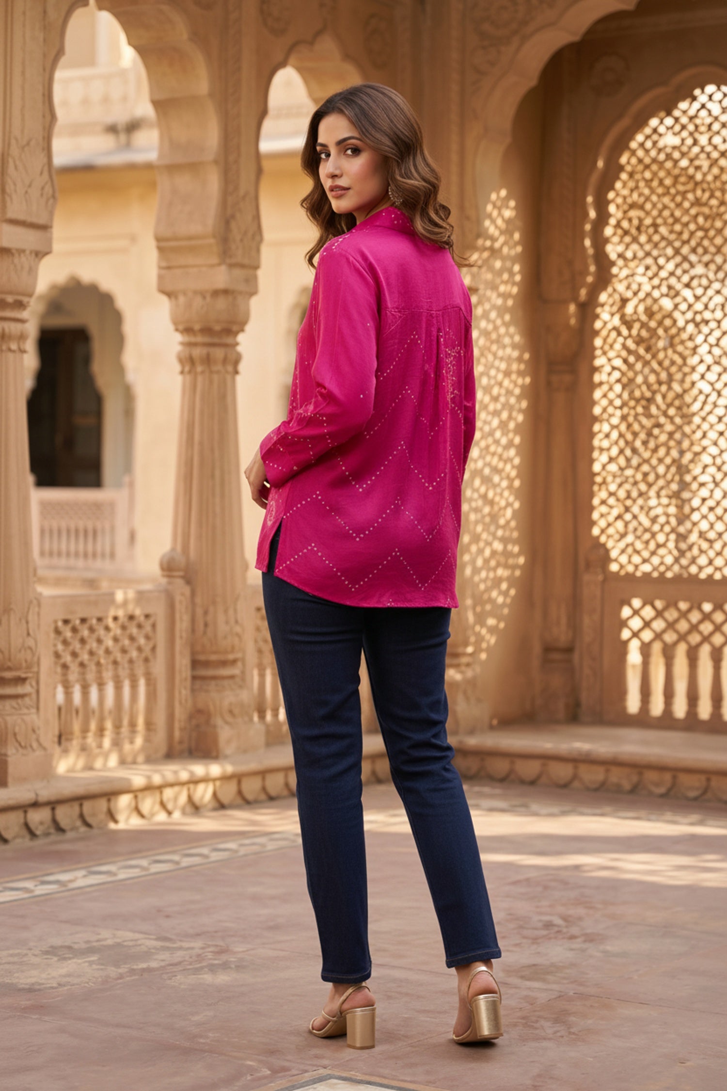 Rani Pink Satin Shirt with Ethnic Bandhani Pattern