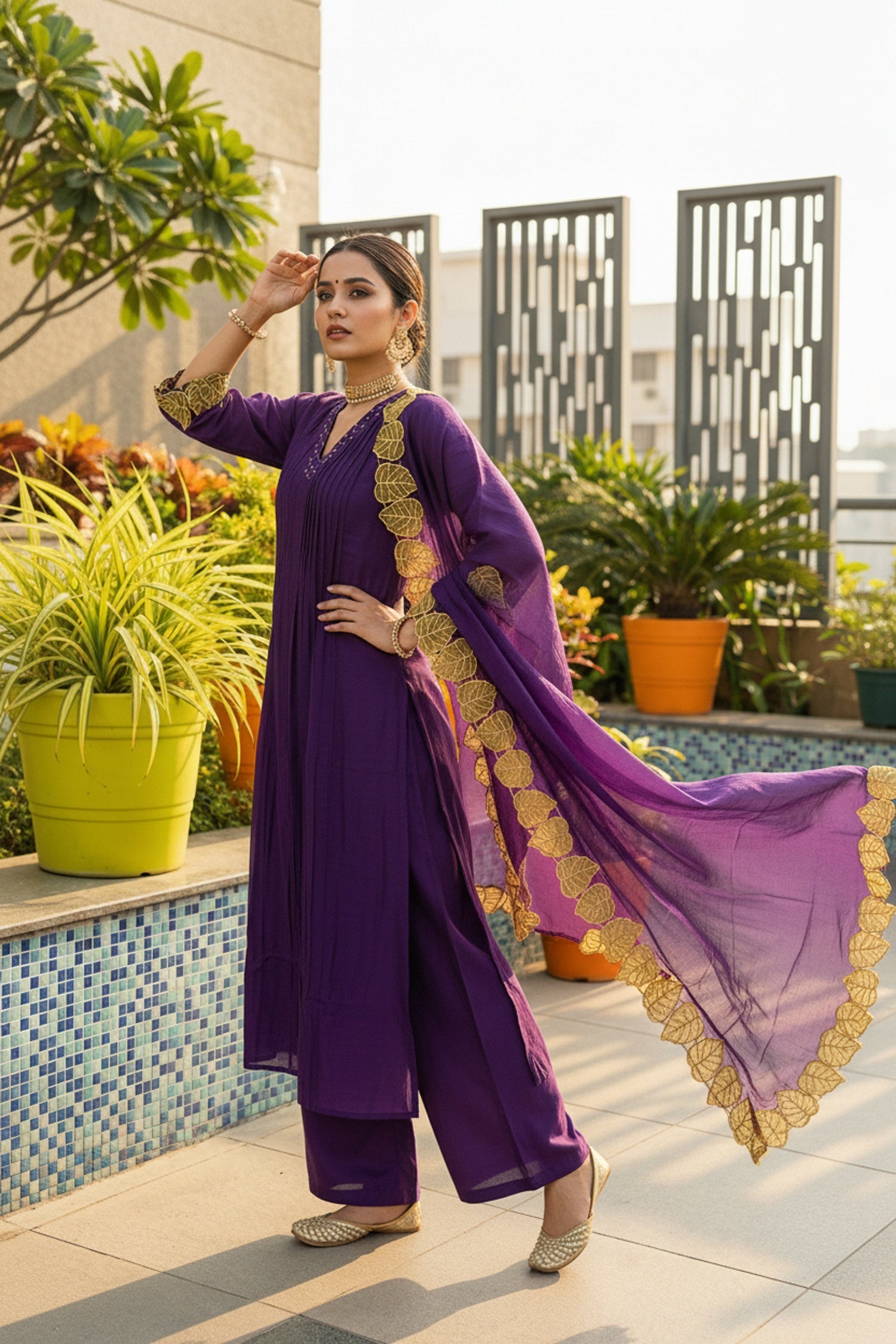Purple Mul Cotton Three Piece with Embroidered Dupatta