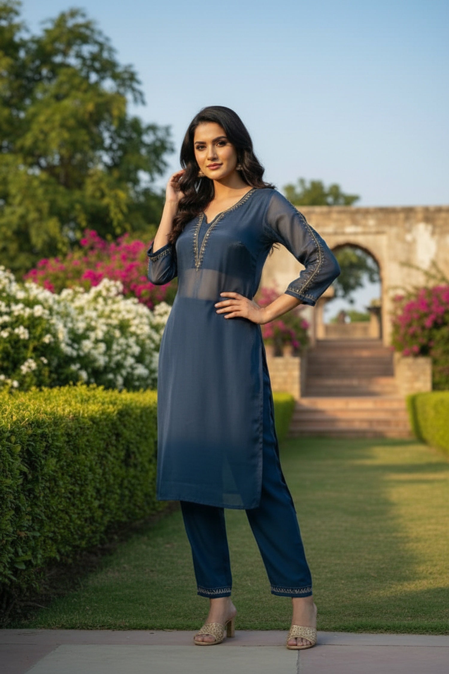 Blue Royale Organza Embroidered Layered Cord Set