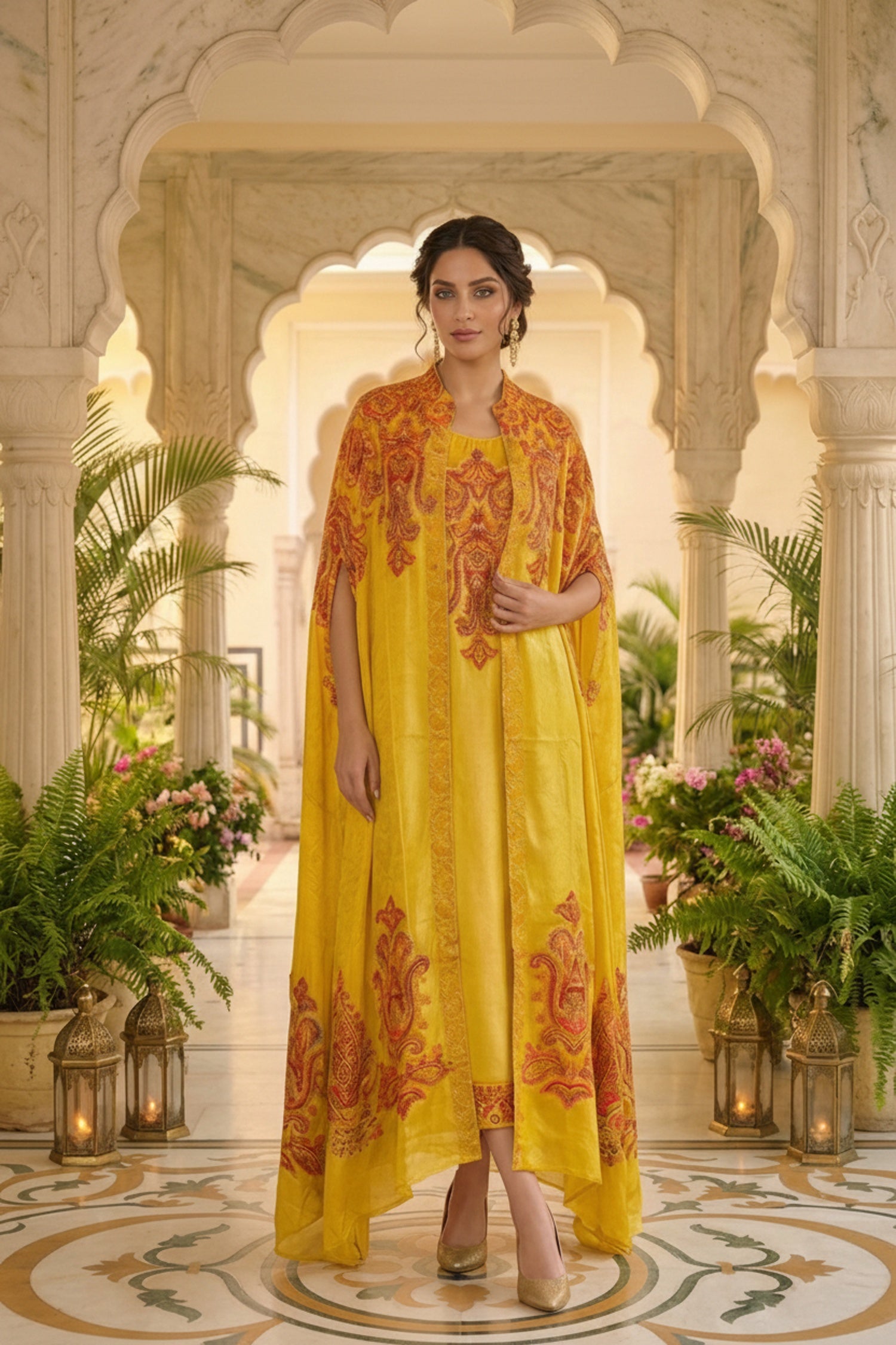 Mustard Chinon Kaftan Set with Embroidered Jacket