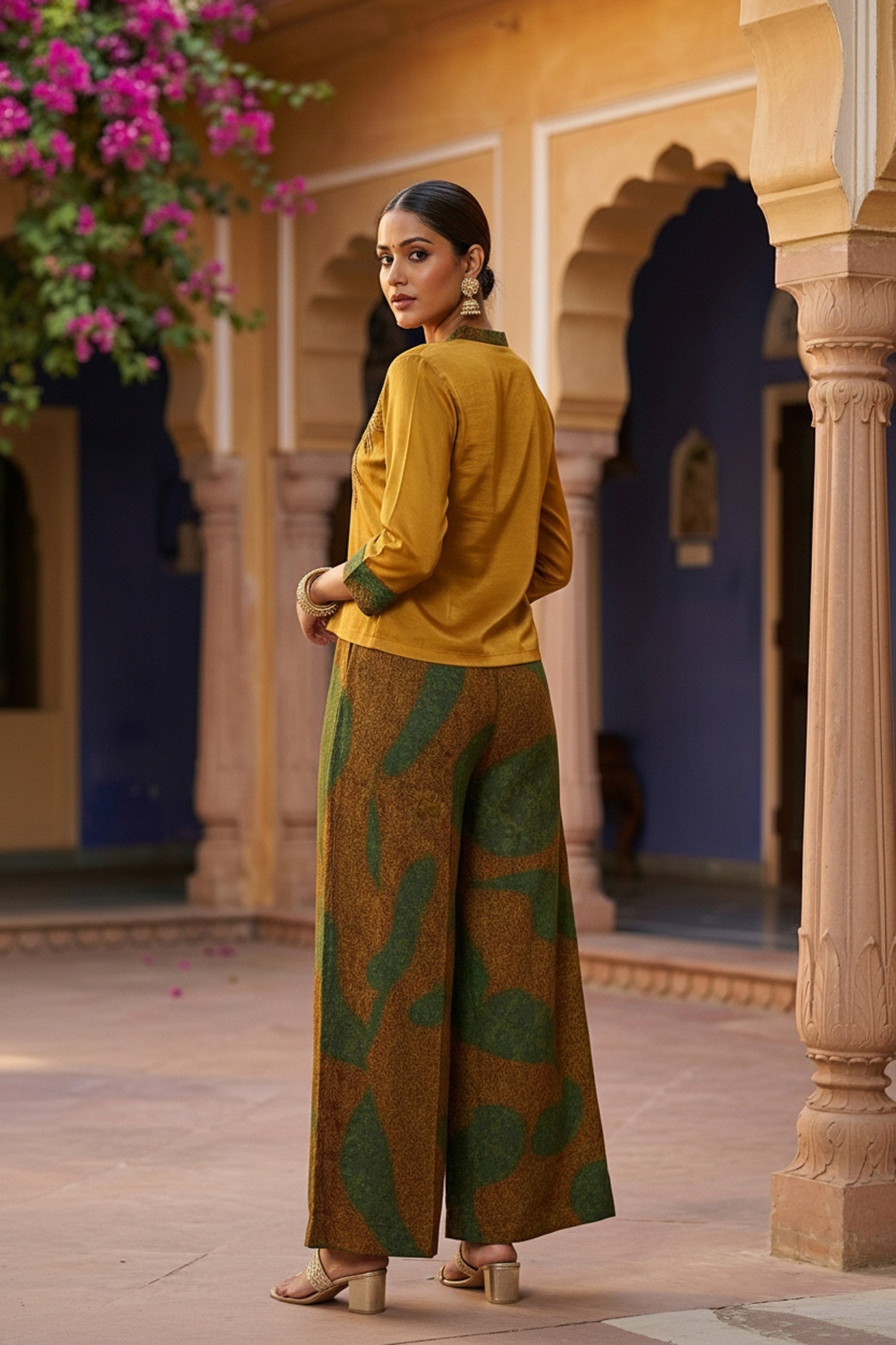Mustard Chinon Cord Set with Embroidered Top & Printed Pants
