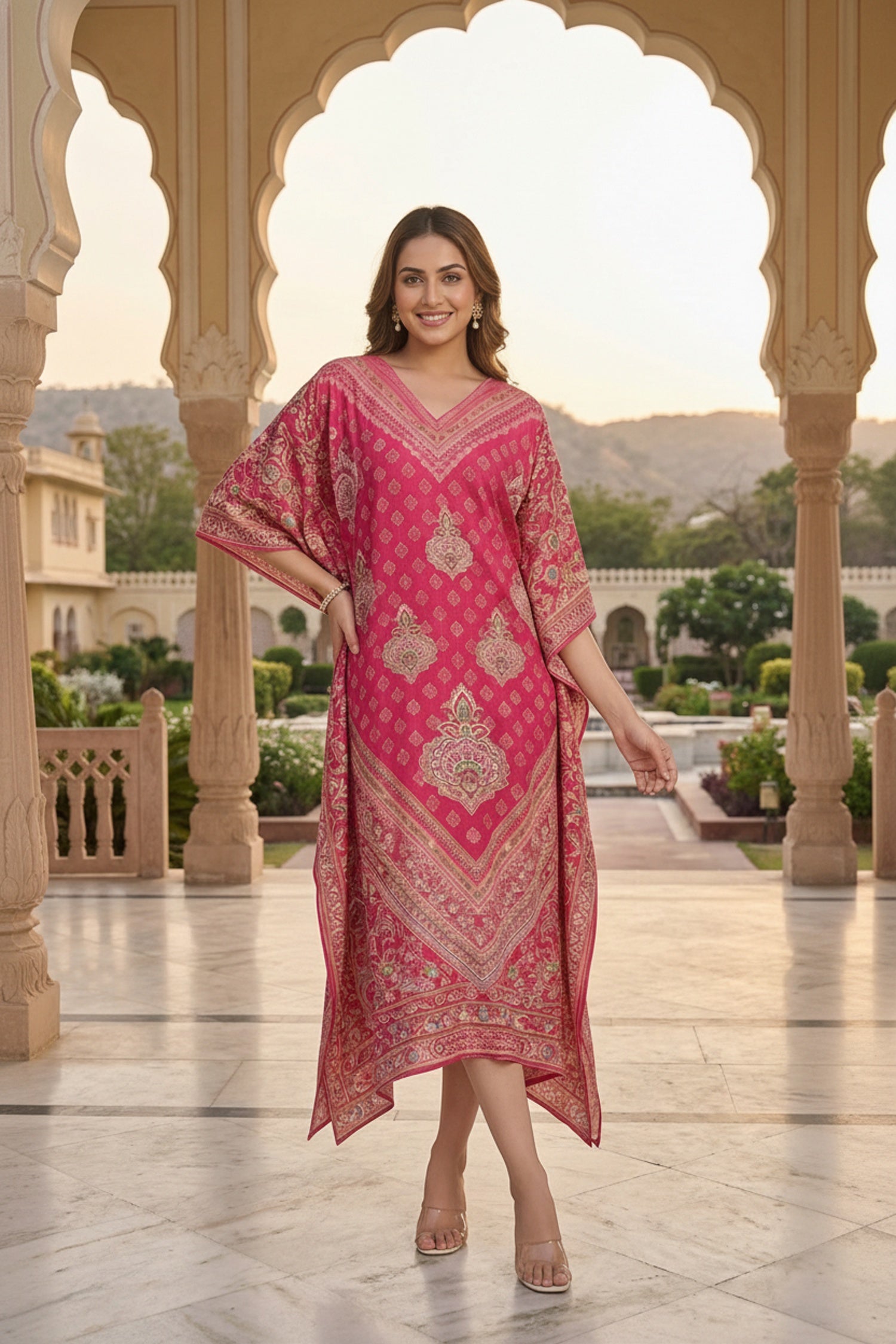 Pink Printed Viscose Long Kaftan