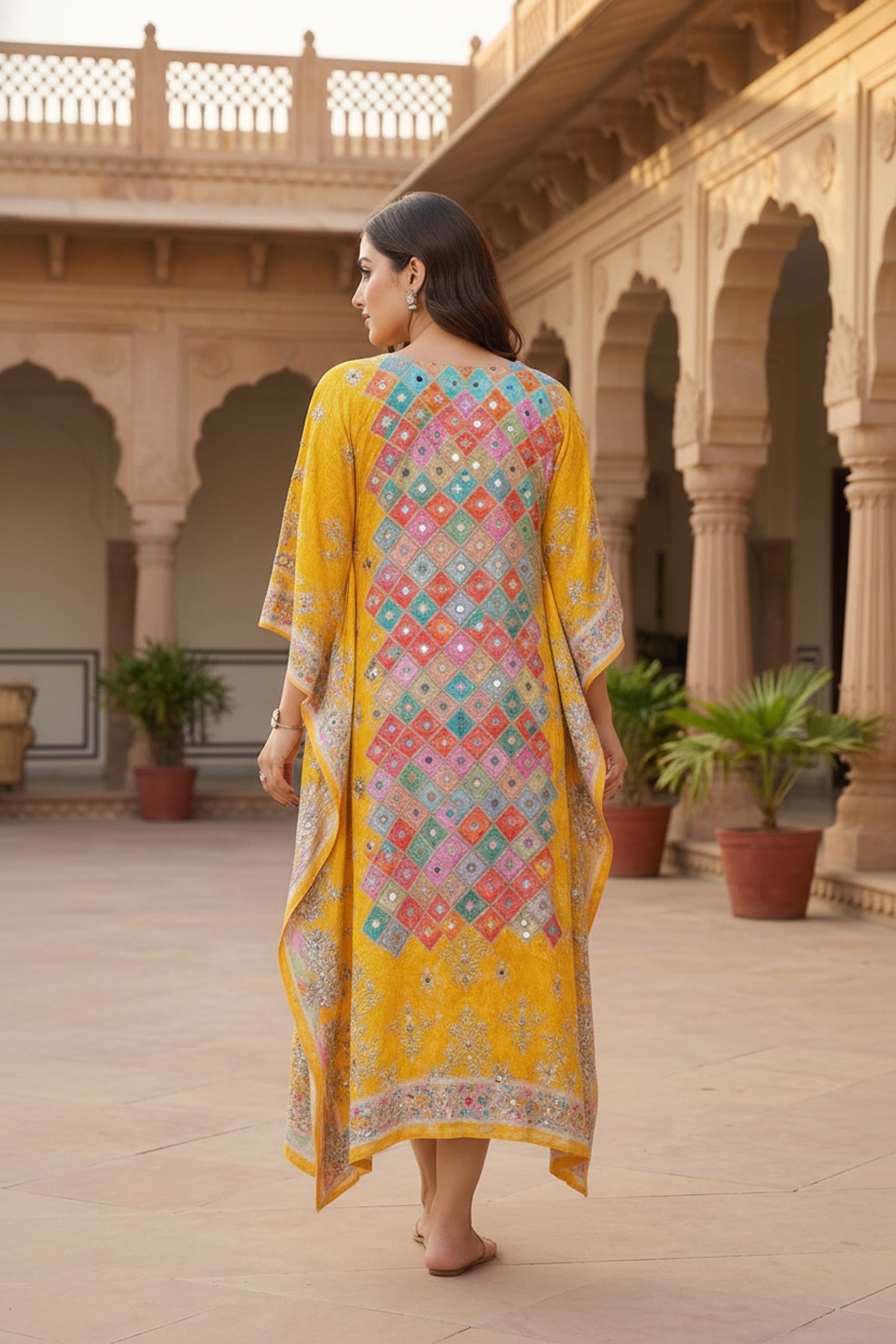 Multicolor Viscose Long Kaftan with Mirror Work Embroidery