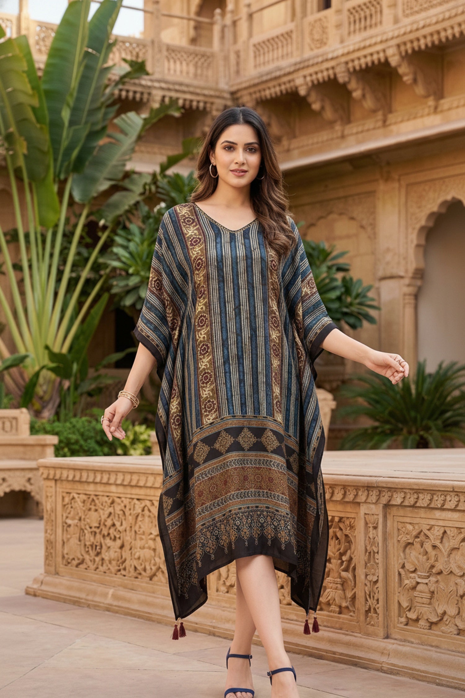 Peacock Printed Viscose Long Kaftan