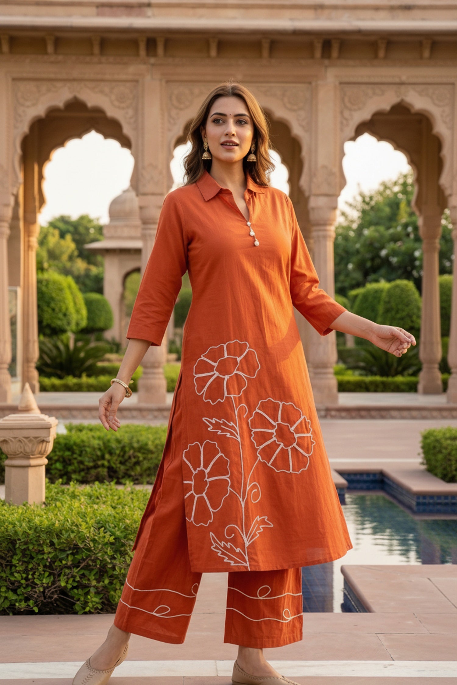 Rust Cotton Co-ord Set with Minimal Floral Thread Work