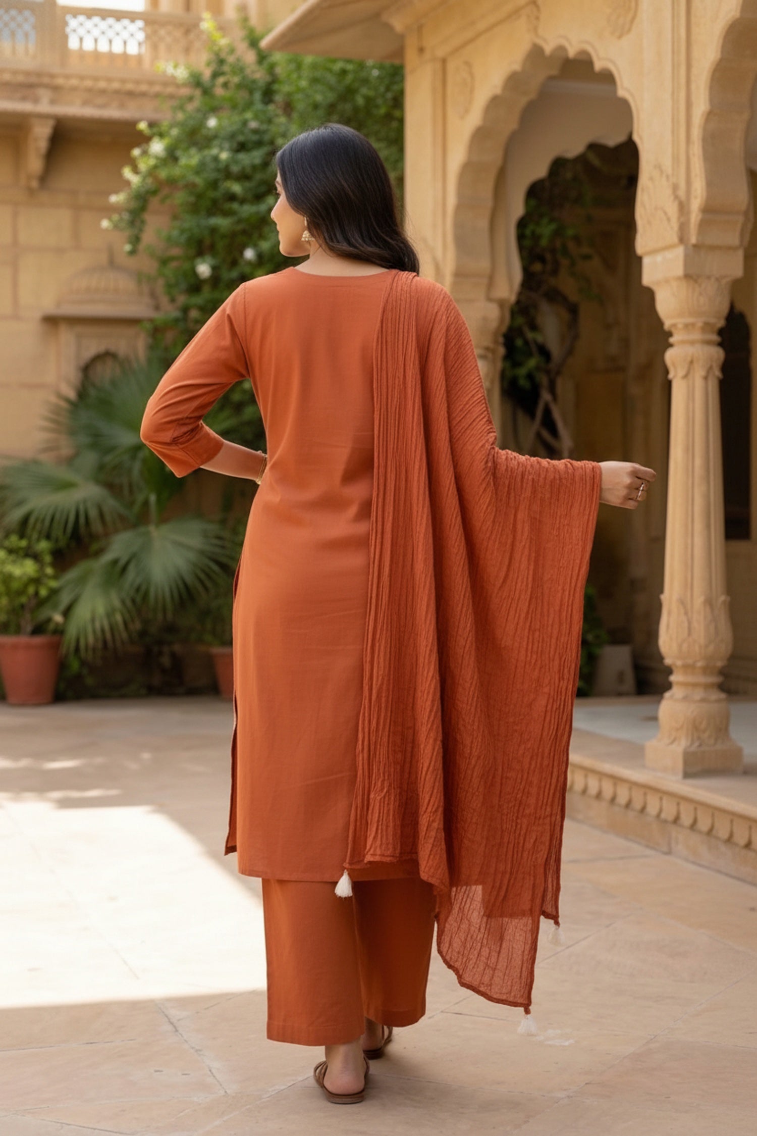 Orange Cotton Three-Piece Set with Minimal Work in Straight Cut
