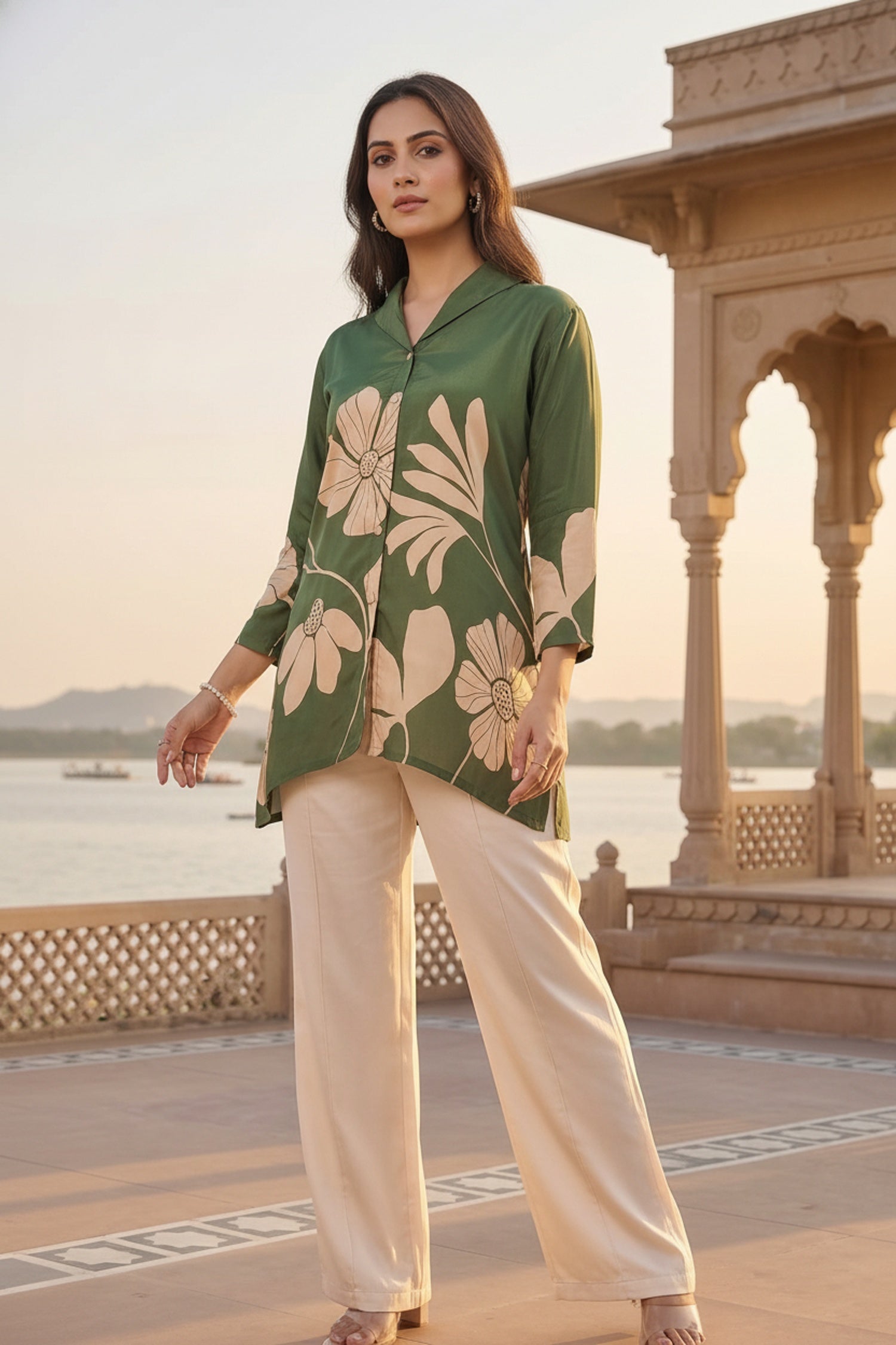 Olive Green Printed Cotton Shirt